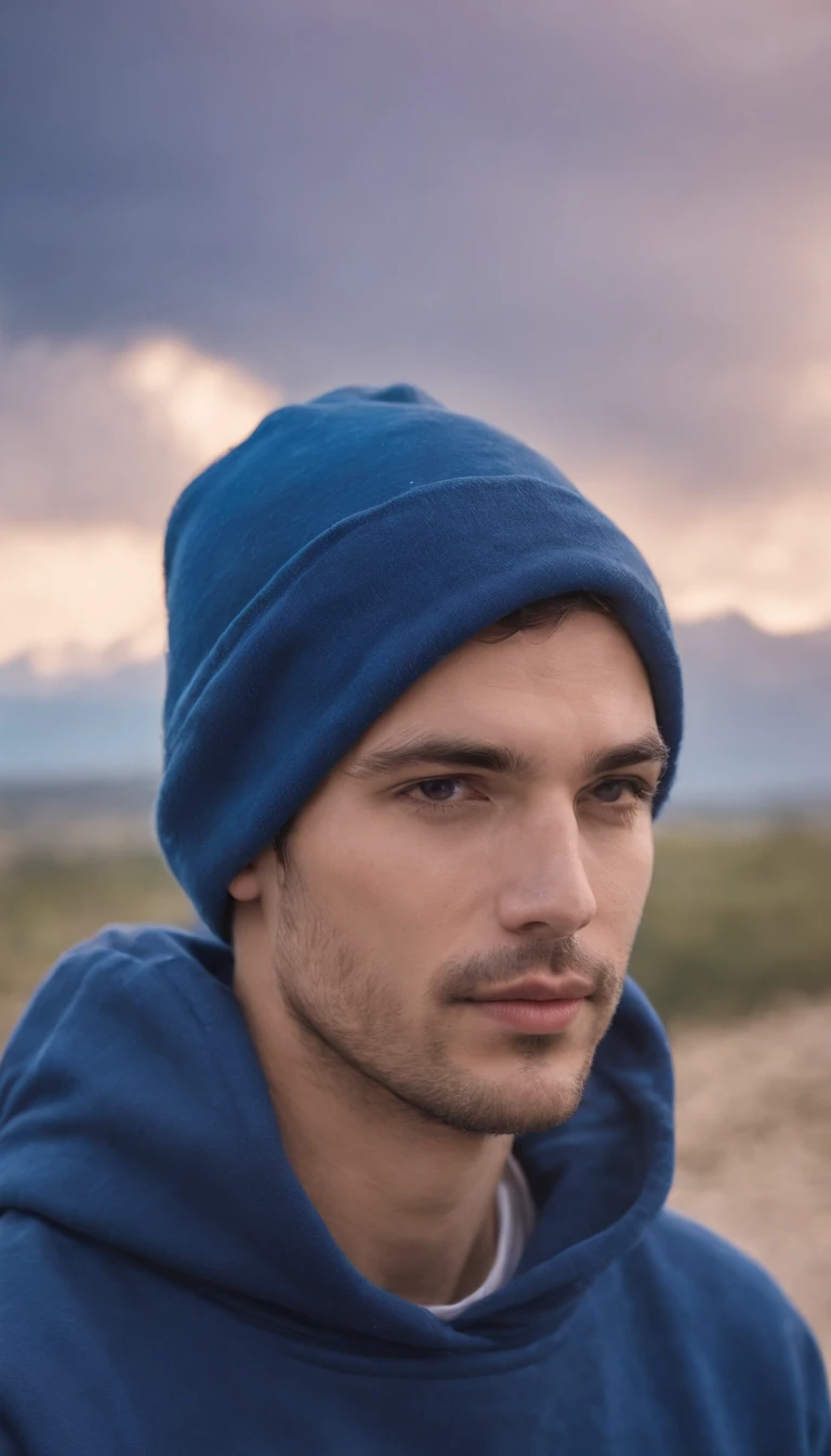 man dressed in indigo blue sweatshirt, a cloud covers his head, sky in the background, daylight, vibrant colors, high quality photo,upper body