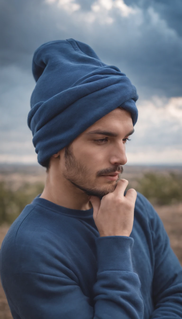 man dressed in indigo blue sweatshirt, a cloud covers his head, sky in the background, daylight, vibrant colors, high quality photo,upper body