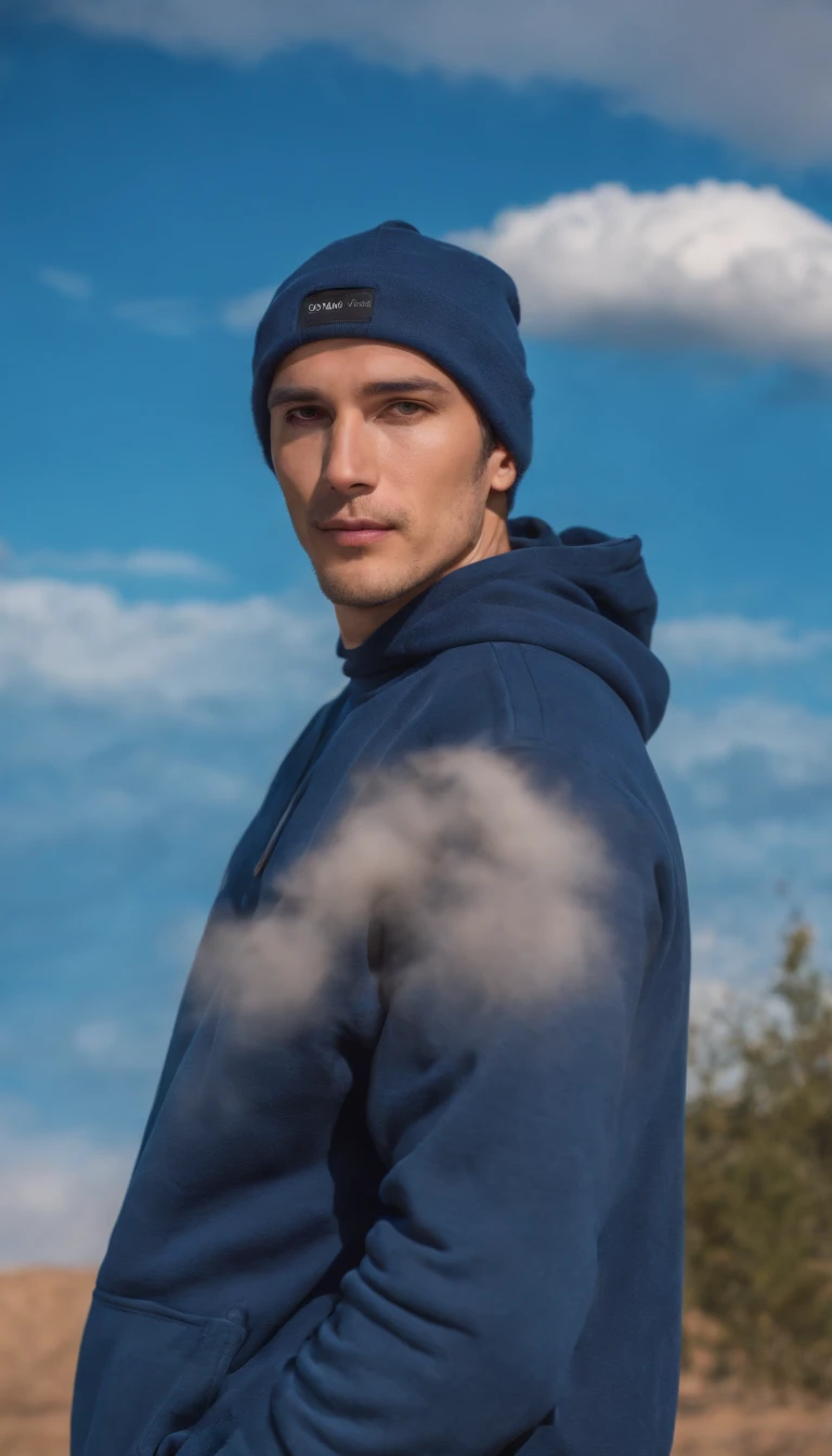 man dressed in indigo blue sweatshirt, a cloud covers his head, sky in the background, daylight, vibrant colors, high quality photo,upper body