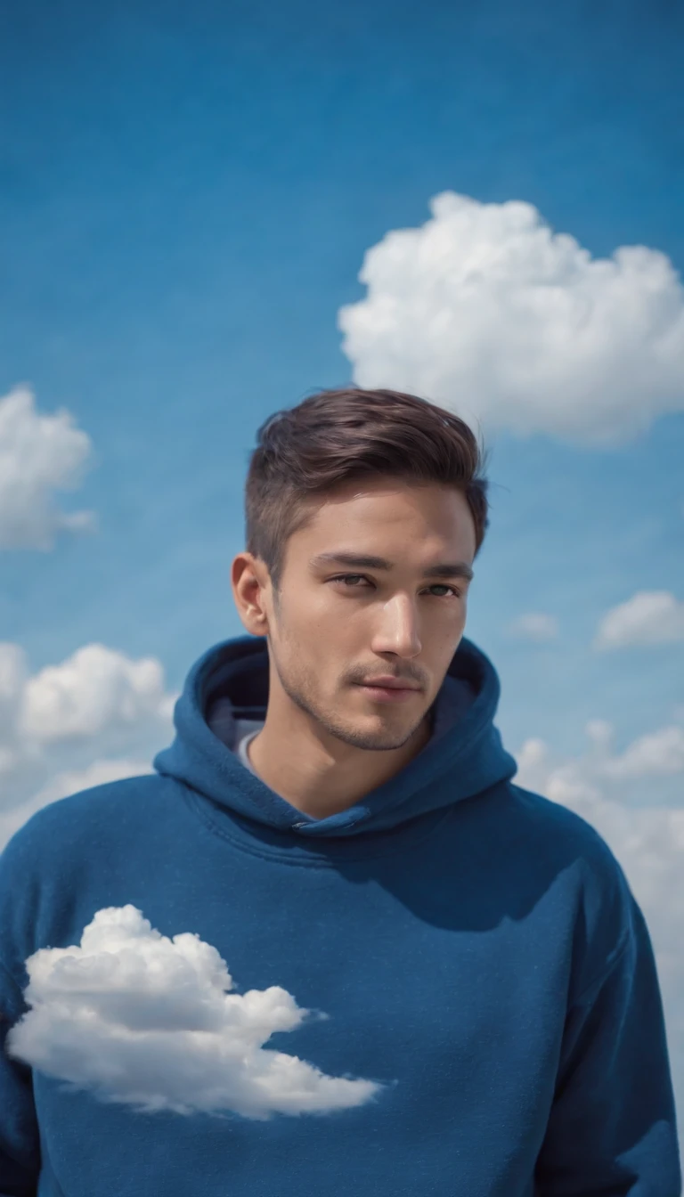 man dressed in indigo blue sweatshirt, a cloud covers his head, sky in the background, daylight, vibrant colors, high quality photo,upper body