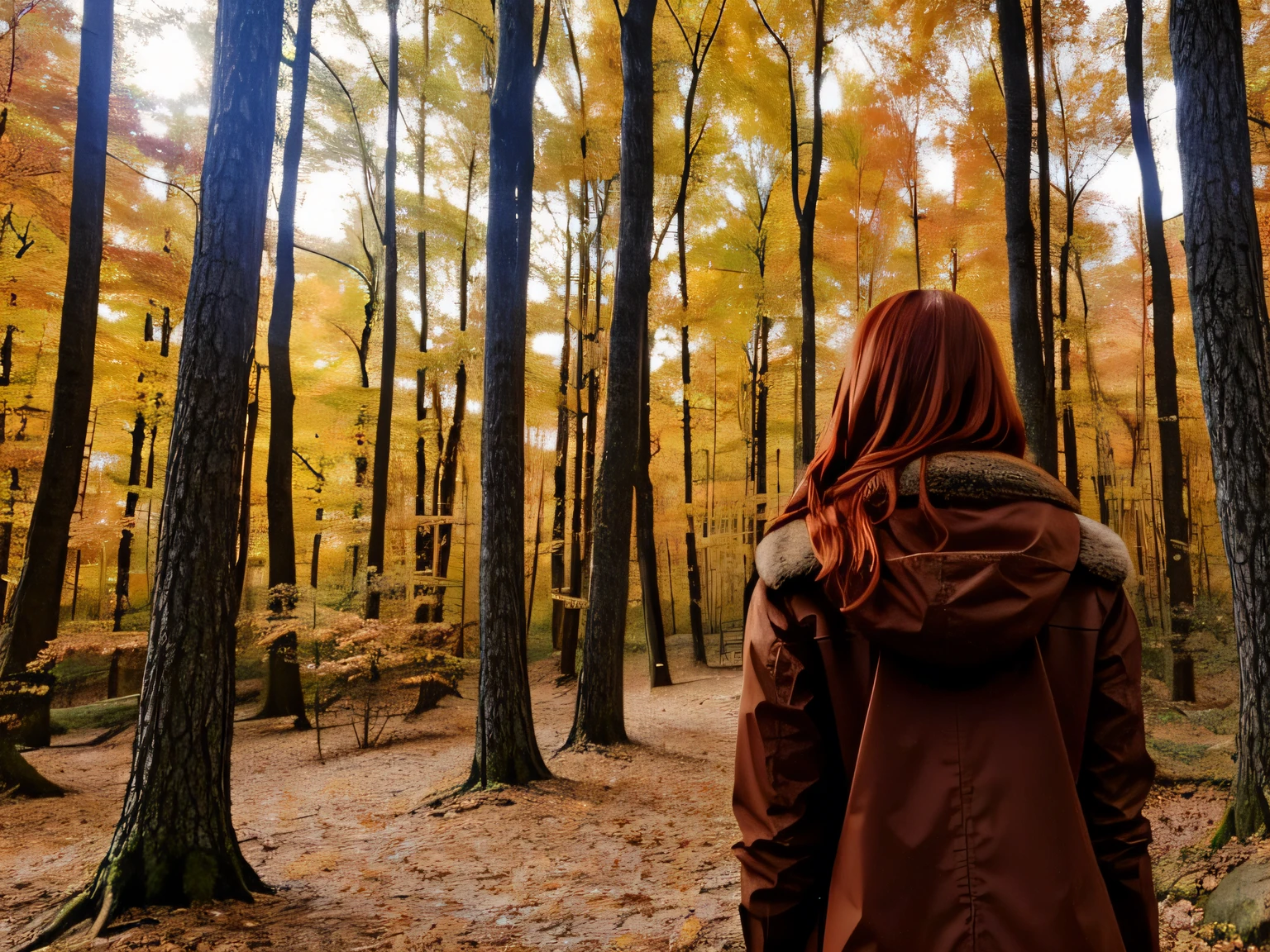 iImagine a red-haired model with her back in the woods in autumn season. EN EL LADO ESPACIO DE COPIA