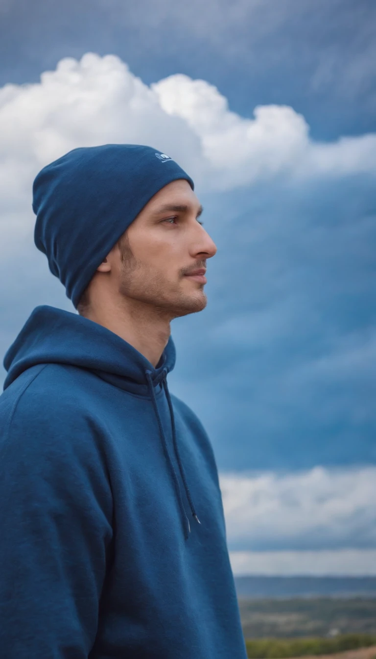 man dressed in indigo blue sweatshirt, a cloud covers his head, sky in the background, daylight, vibrant colors, high quality photo,upper body