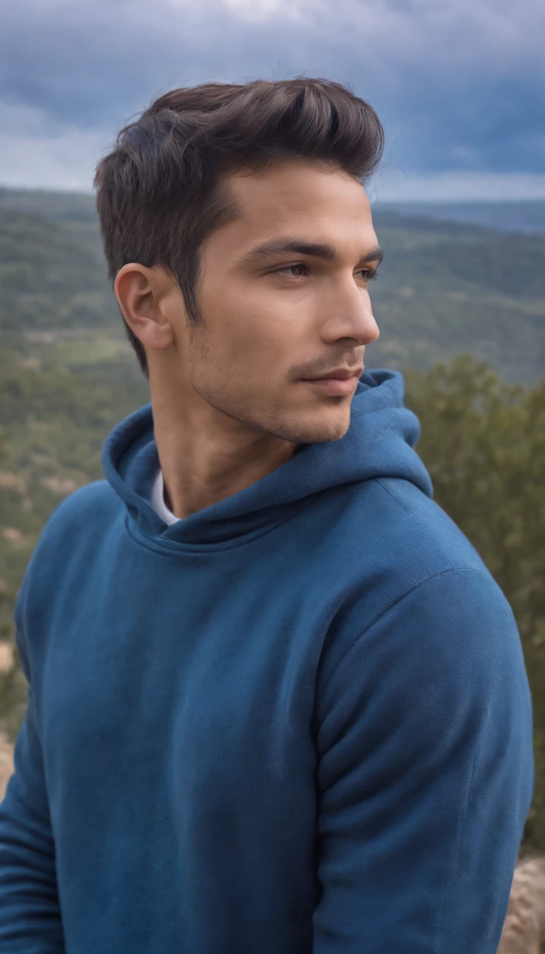 man dressed in indigo blue sweatshirt, a cloud covers his head, sky in the background, daylight, vibrant colors, high quality photo,upper body