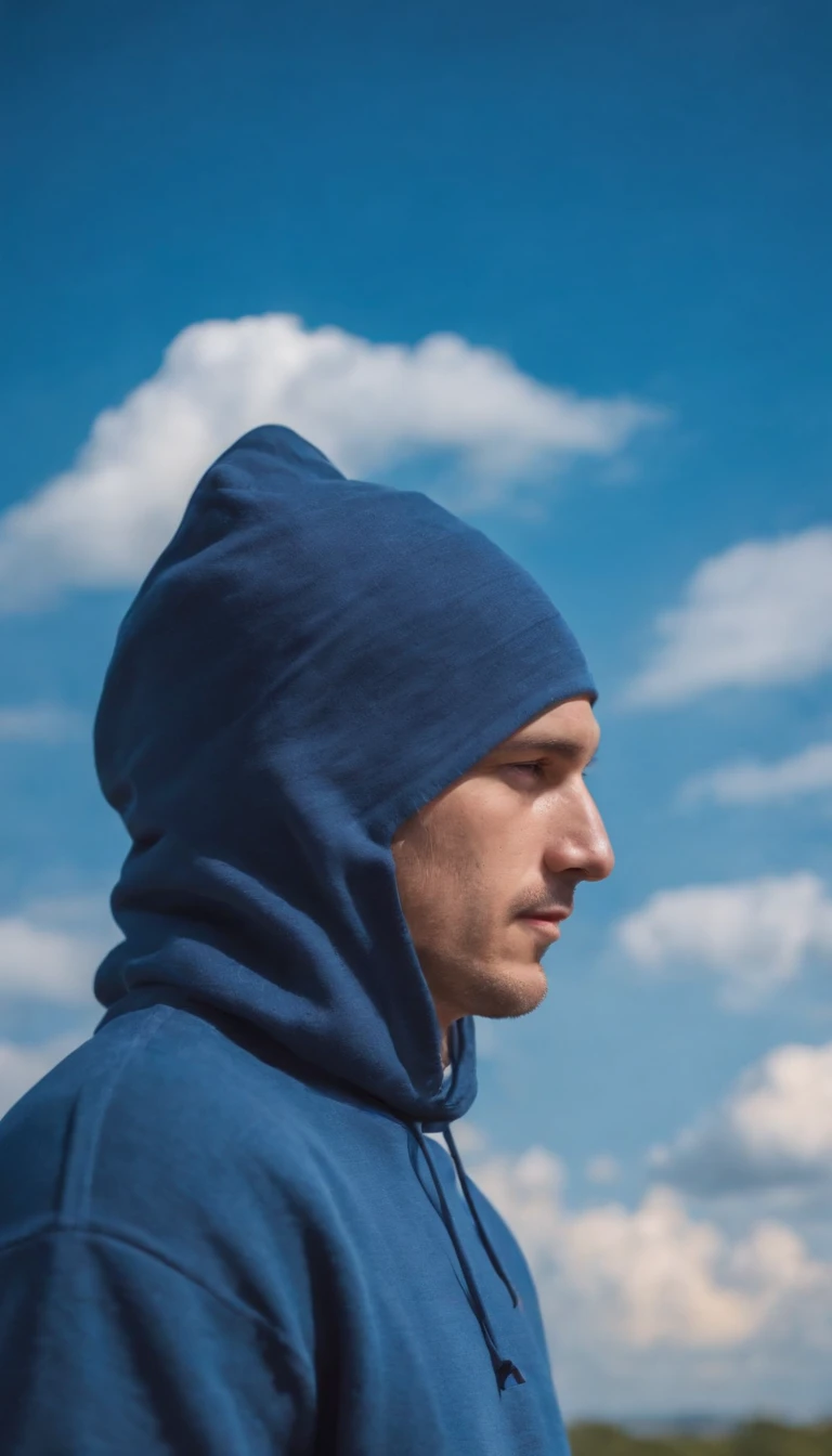 man dressed in indigo blue sweatshirt, a cloud covers his head, sky in the background, daylight, vibrant colors, high quality photo,upper body