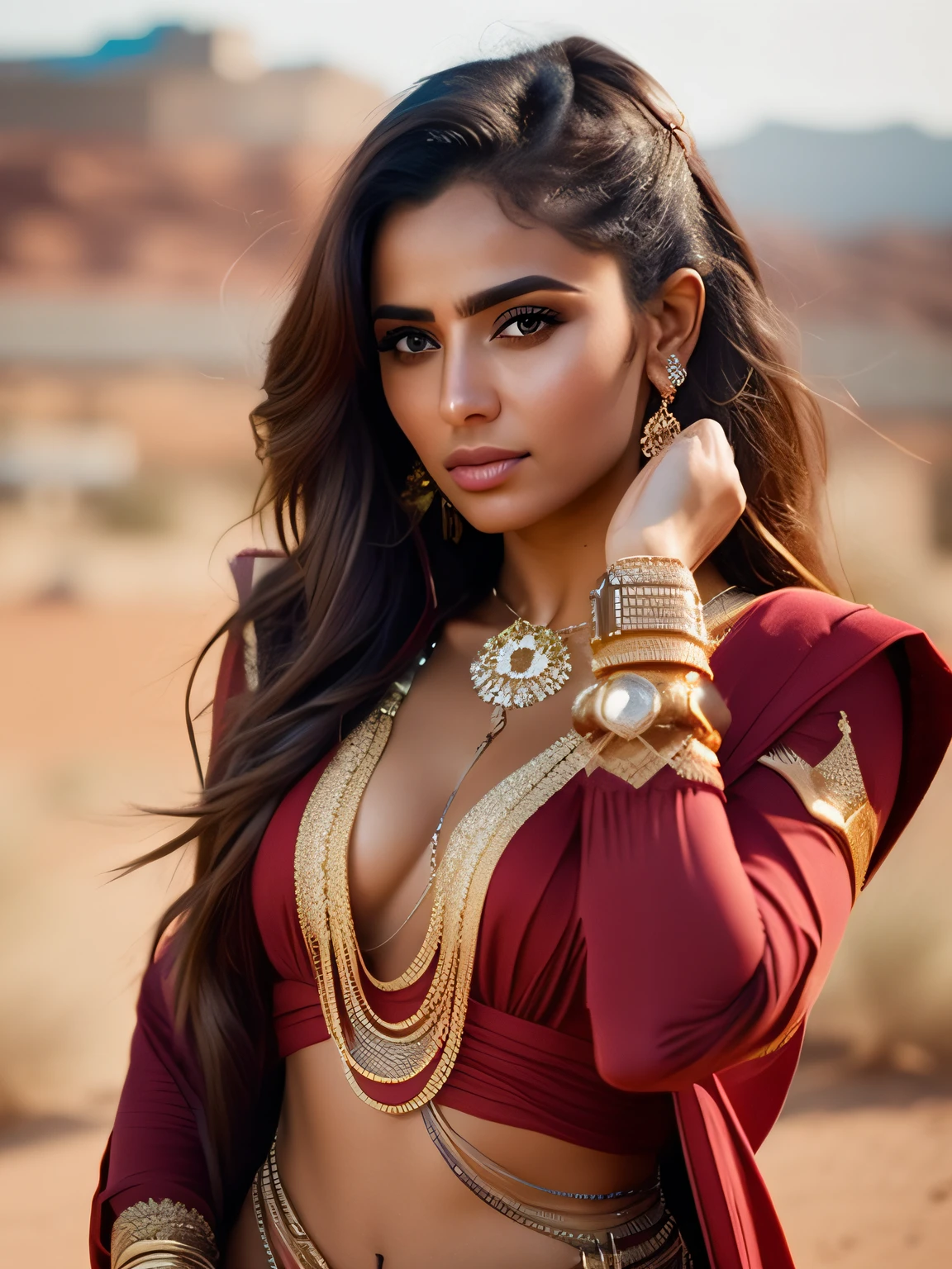 fking_scifi, fking_scifi_v2, portrait of a young, seductive, extremely beautiful and attractive Arabic woman, in front of a city in the desert, long messy hair, rich colorful clothes and golden jewelry, close up, regal pose and attitude. fking_cinema_v2.