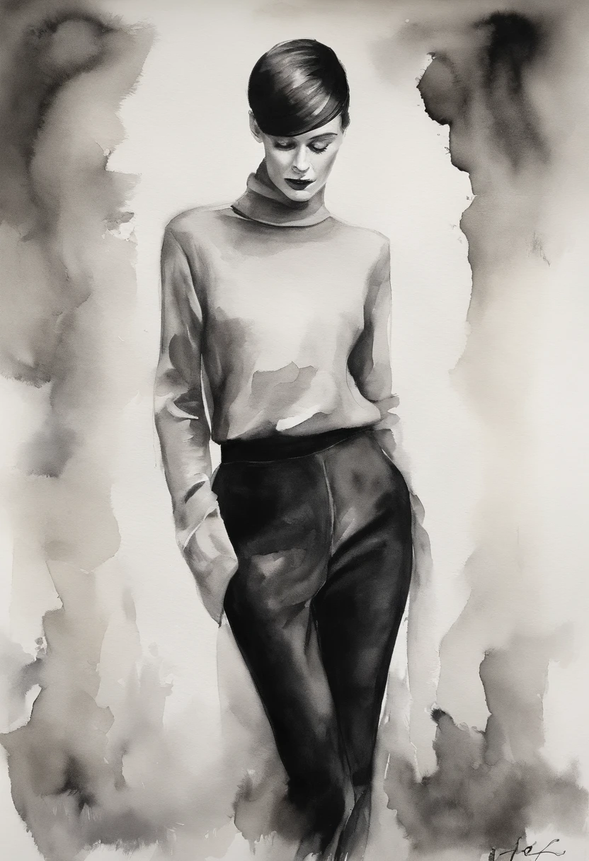 A black and white photo of a woman wearing a turtleneck sweater, Se parece a Audrey Hepburn, inspired by Marina Abramović, Winona Ryder, Maggie Cheung, Hermosa Caitriona Balfe, por Sergio Burzi, inspirado por Olga Rozanova, inspirado por Clifford Ross, por Silvia Dimitrova, inspirado por Caterina Tarabotti, por Clifford Ross, Mano debajo de la barbilla, Cabello largo, ropa negra,