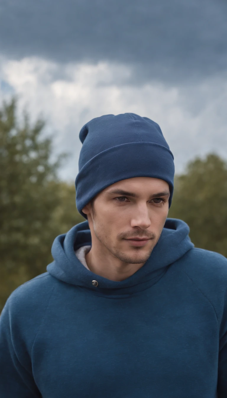 man dressed in indigo blue sweatshirt, a cloud covers his head, sky in the background, daylight, vibrant colors, high quality photo,half body shot,