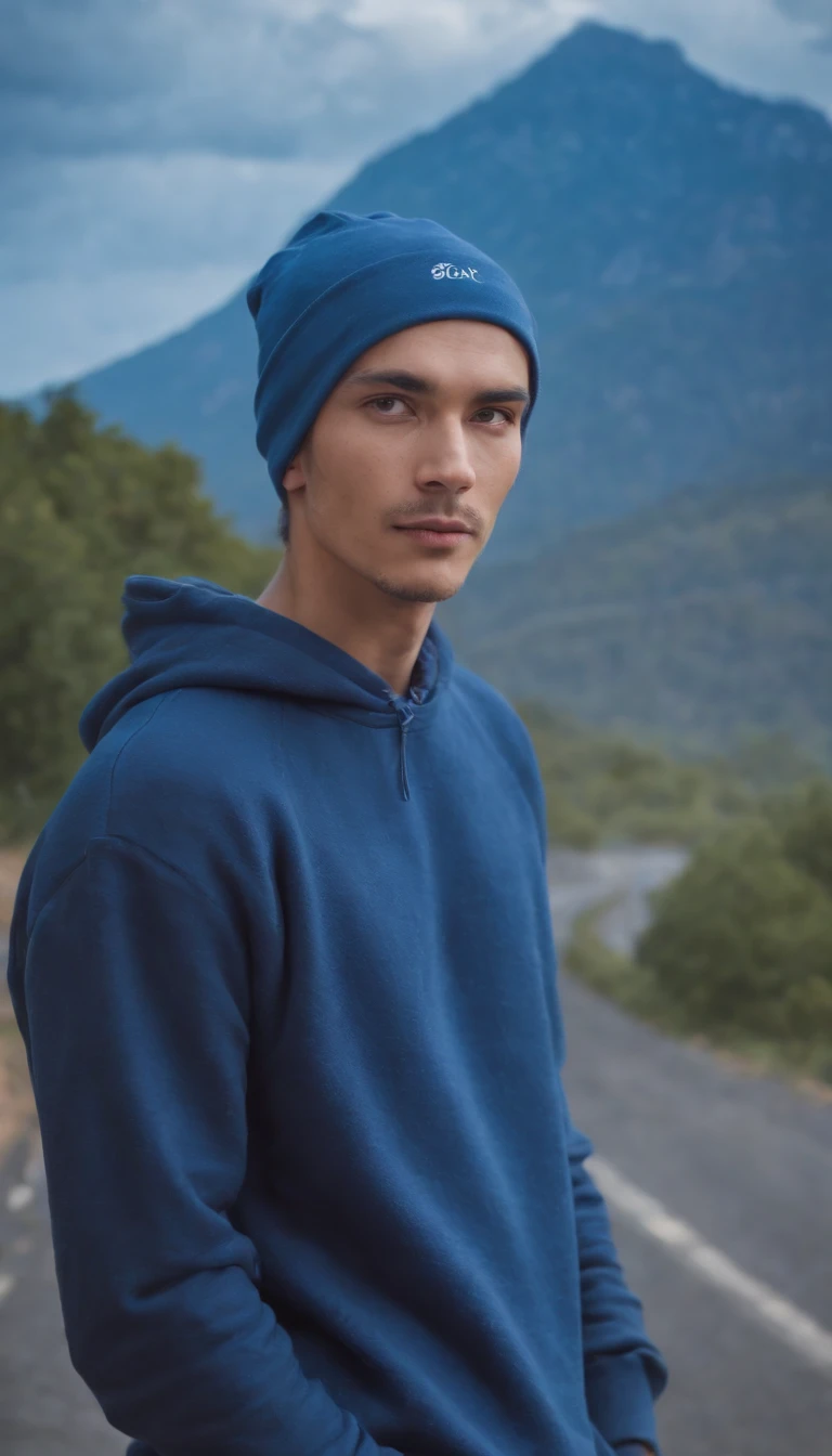 man dressed in indigo blue sweatshirt, a cloud covers his head, sky in the background, daylight, vibrant colors, high quality photo,half body shot,