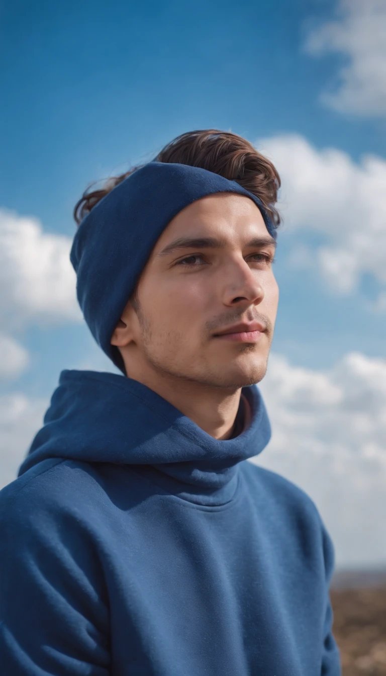 man dressed in indigo blue sweatshirt, a cloud covers his head, sky in the background, daylight, vibrant colors, high quality photo,half body shot,