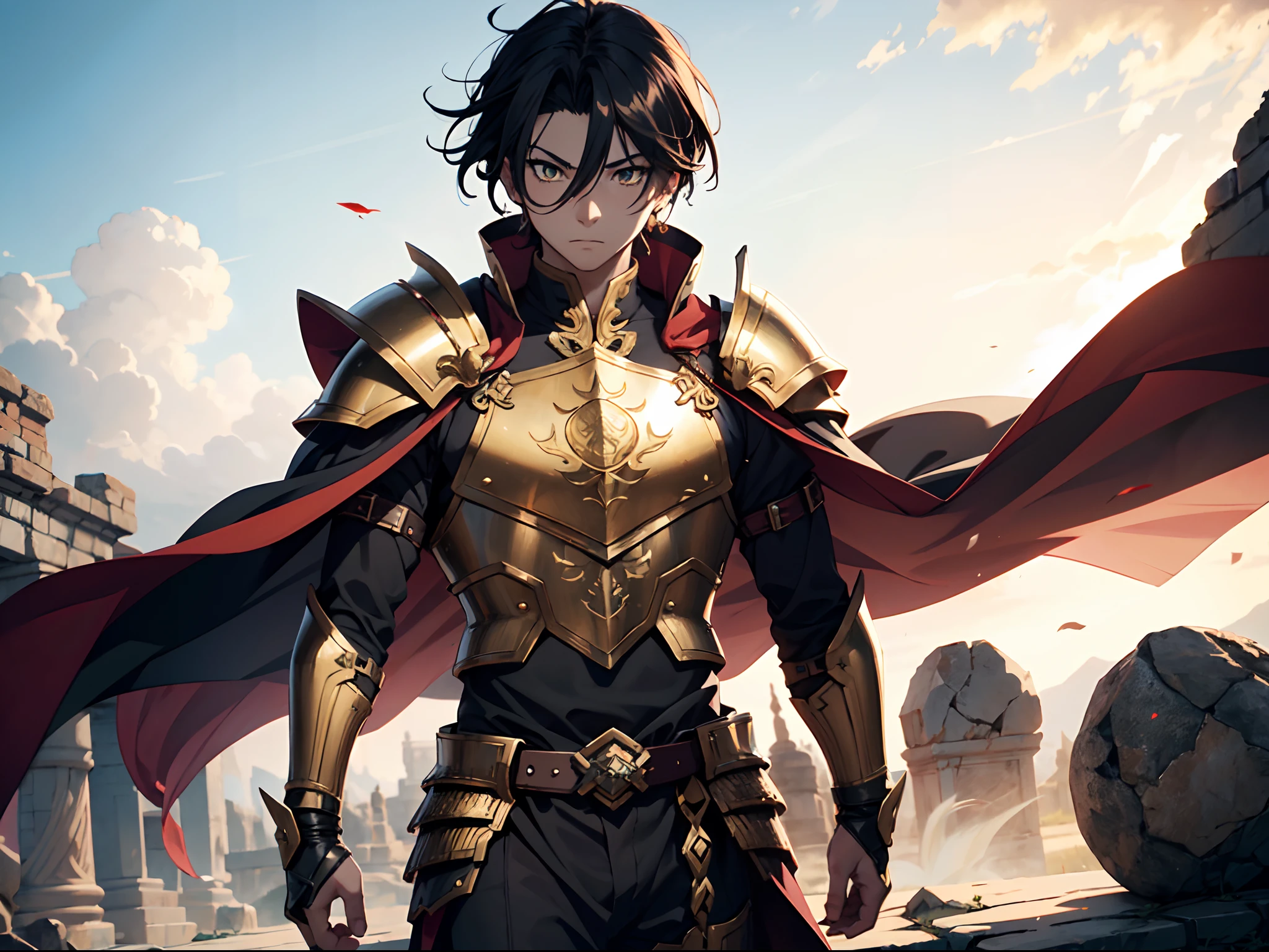 1 boy, Xin from Kingdom anime, armored with warlord armor with a cape, ultra high definition, 8k, handsome,black and yellow pupil eyes, long white hair, ancient kingdom background