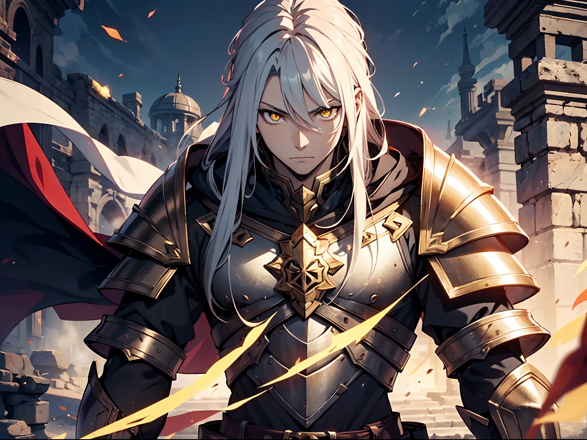 1 boy, Xin from Kingdom anime, armored with warlord armor with a cape, ultra high definition, 8k, handsome,black and yellow pupil eyes, long white hair, ancient kingdom background