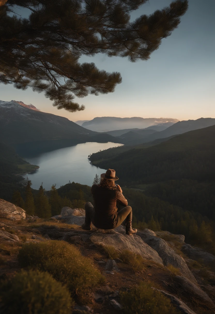 um homem com cabelos castanhos, 40 anos, ((barba viking), (((Retrato da parte superior do corpo, Feliz)), Natureza, Lago na montanha, (((tempo nublado)), ((final de tarde)), ((roupas pretas), pine trees at the foot of the mountain, roupas frias, realistic lighting, sombras realistas, ultra realistic, fotorrealista, 8k, Full HD