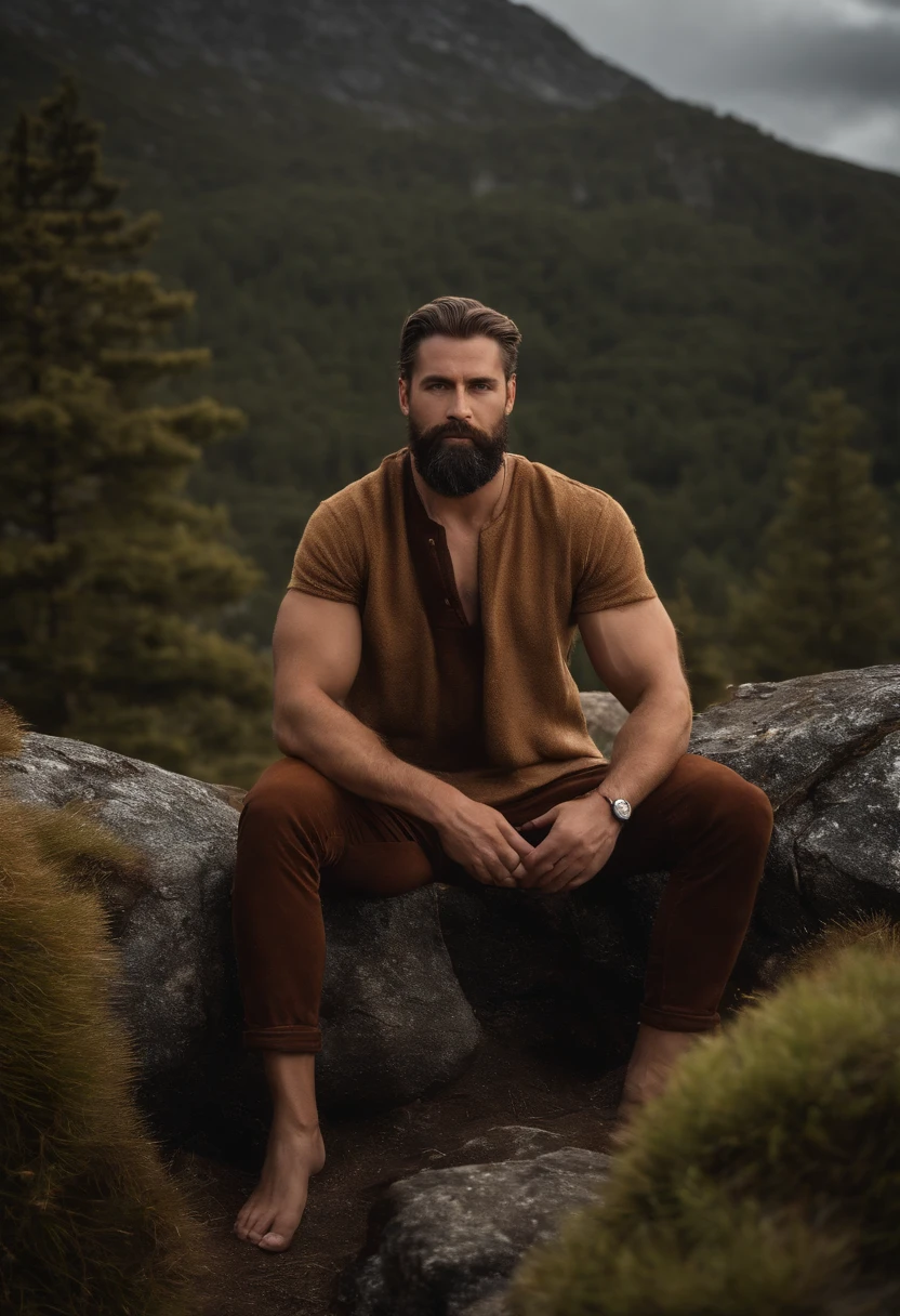 um homem com cabelos castanhos, 40 anos, ((barba viking), (((Retrato da parte superior do corpo, Feliz)), Natureza, Lago na montanha, (((tempo nublado)), ((final de tarde)), ((roupas pretas), pine trees at the foot of the mountain, roupas frias, realistic lighting, sombras realistas, ultra realistic, fotorrealista, 8k, Full HD