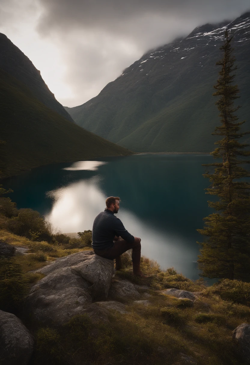 um homem com cabelos castanhos, 40 anos, ((barba viking), (((Retrato da parte superior do corpo, Feliz)), Natureza, Lago na montanha, (((tempo nublado)), ((final de tarde)), ((roupas pretas), pine trees at the foot of the mountain, roupas frias, realistic lighting, sombras realistas, ultra realistic, fotorrealista, 8k, Full HD