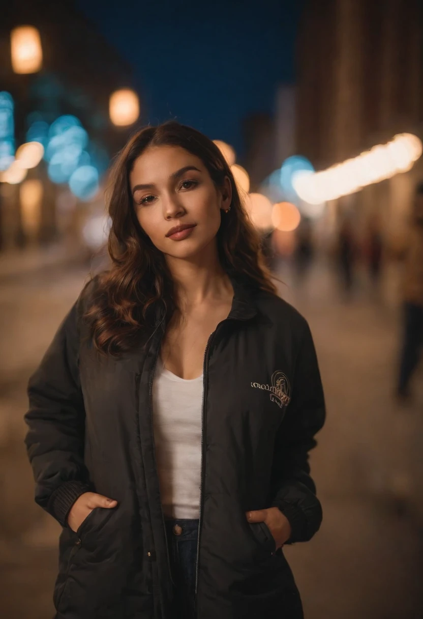travellers, in the style of rap aesthetics, girl，Chicago, USA，make for a memorable photo.  The background is to  charming neighbourhoods and colourful street art，photo taken with fujifilm superia, charly amani, oversized portraits, babycore, upper body
