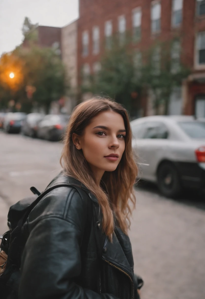 travellers, in the style of rap aesthetics, girl,Chicago, USA,make for a memorable photo. The background is to charming neighbourhoods and colourful street art,photo taken with fujifilm superia, charly amani, oversized portraits, babycore, upper body