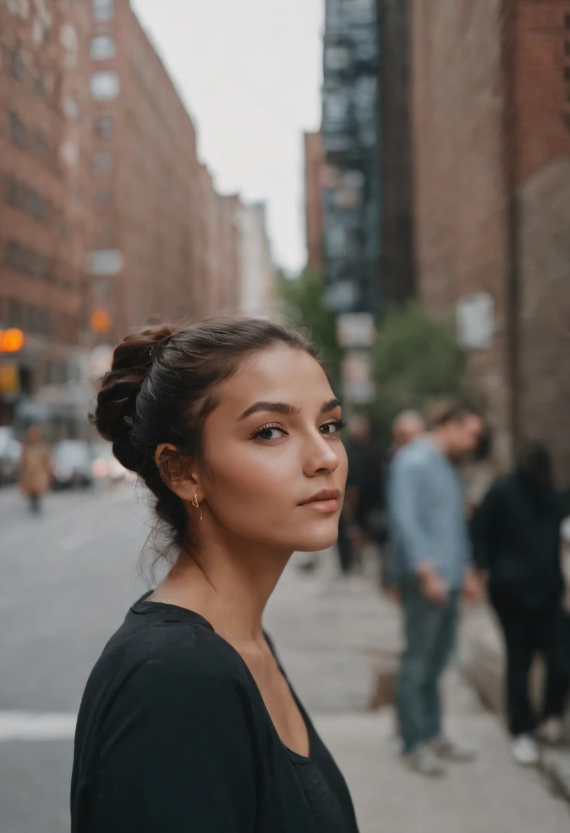 travellers, in the style of rap aesthetics, girl，Chicago, USA，make for a memorable photo.  The background is to  charming neighbourhoods and colourful street art，photo taken with fujifilm superia, charly amani, oversized portraits, babycore, upper body