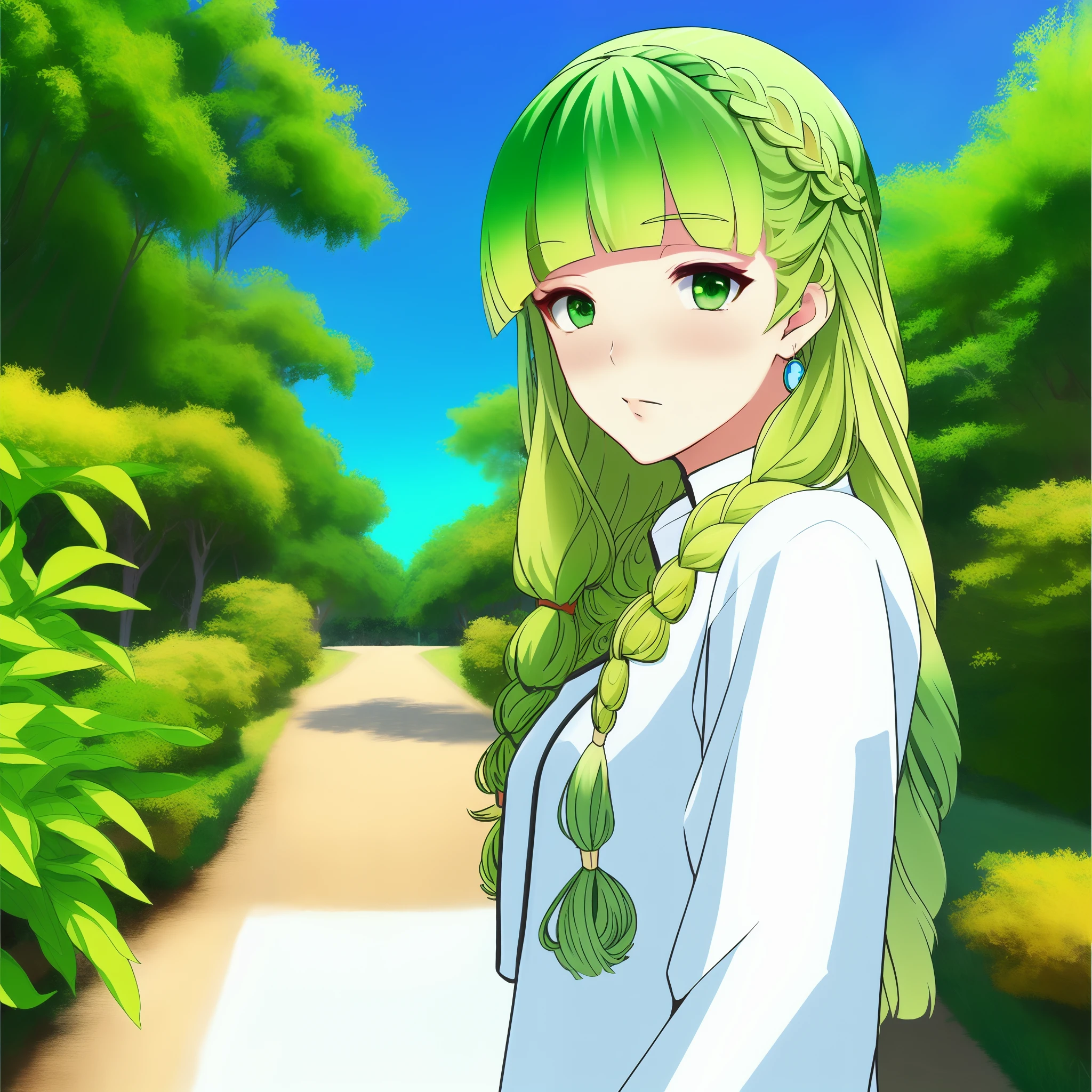 banchan, best quality, masterpiece, green eyes,white clothes, looking up, upper body,hair strand,Fair skin,side braids