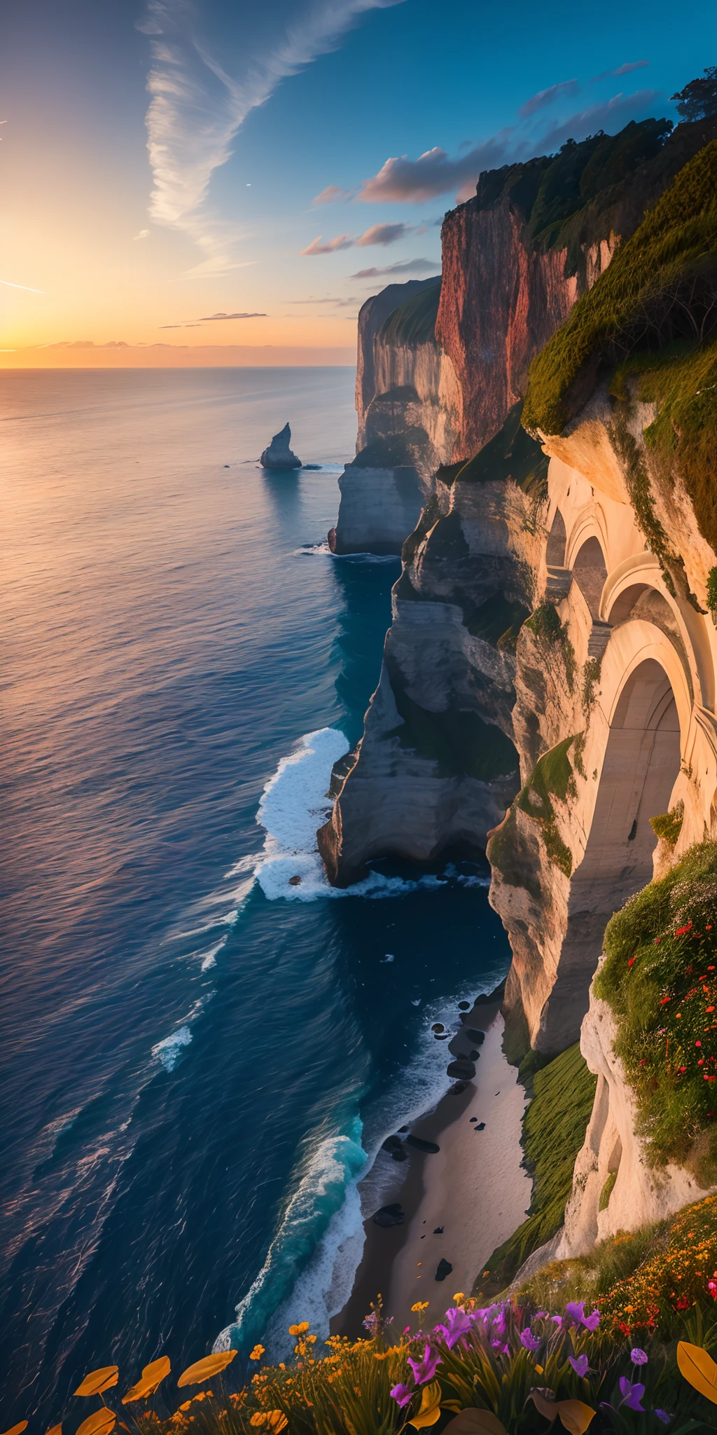 Nature, detailed lighting, sea of flowers, sky, sunset, breeze, fallen leaves, cliffs, most beautiful place on the earth