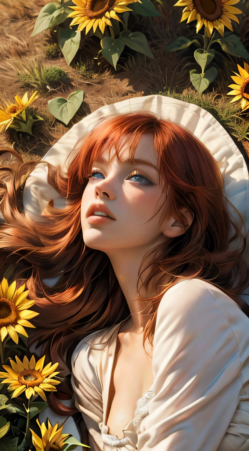 1 mature woman with redhead long wavy hair with bangs (wavy hair) (hair flying on the air) (blue eyes), red princess clothes (red color), (masterpiece), soft sun light, (incredibly colorful), lightning falling on the ground, soft light on her face, (ultra high quality), (8K quality), depth of field, ambient lighting, ((soft detail)), sunflower flower field background (sunflower petals flying on the air), she is laying in the middle of flower field ((laying down pose)) ((looking up while laying)), view from top down, white lighting effects, (realistic: 1.3), (max sharp) (detailed face) (detailed eyes), detailed lighting, perfect shadow, Masterpiece, best picture quality, nature landscape full of delicate leaves, petals of various colors slowly falling in the air, lighting excellent enough, overall picture quality very detailed and realistic, best illustration and best shadow effect.