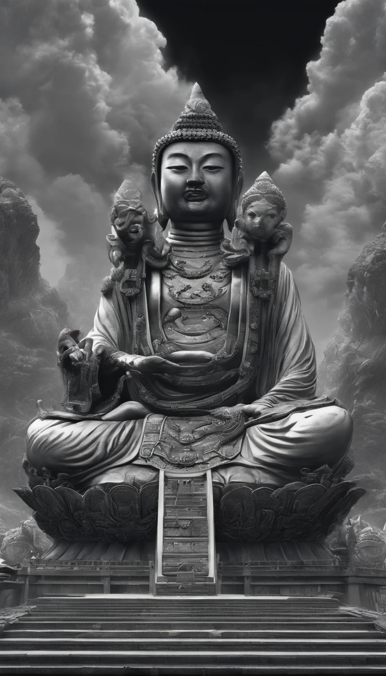 ((Masterpiece))，(Best quality))，China-style，In the universe, A huge jade statue of Maitreya Buddha stands in space，jade sculpture，Light，Transparent，Gaze at the earth，Standing Buddha statue，with light glowing，Glow effects，Pilgrims on the road，Hyper-realistic，Ultra photo realsisim，Real Photographics，8K，High definition，high qulity，Works of masters，super-fine，Chinese black and white ink style，（（（white colors））），Decolorization，Smudge，ink，8K，super-fine，high qulity，（（（OC renderer）））