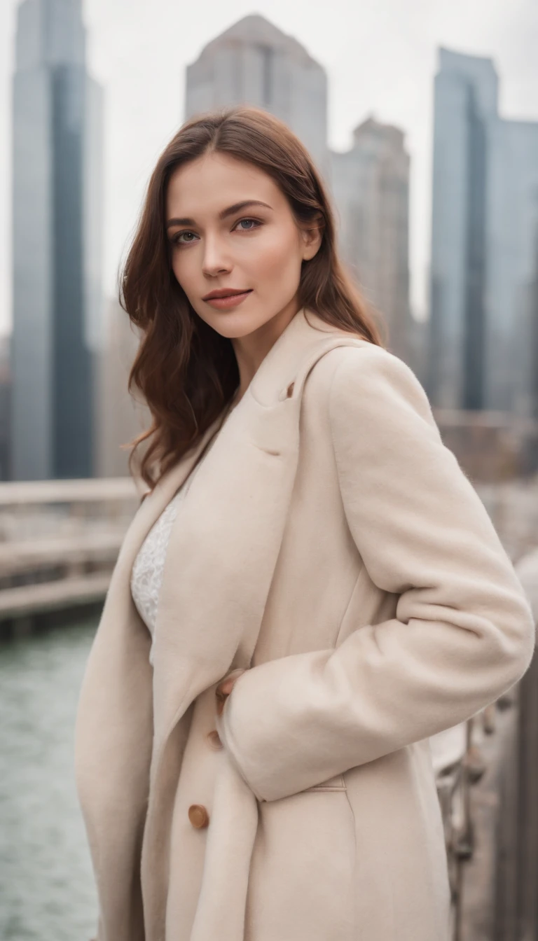 young woman relaxing on a bridge as she walks past the skyscrapers while having fun in the city, in the style of light white and light brown, julia pishtar, distinct facial features, lighthearted, hasselblad h6d-400c, close up, joyful and optimistic