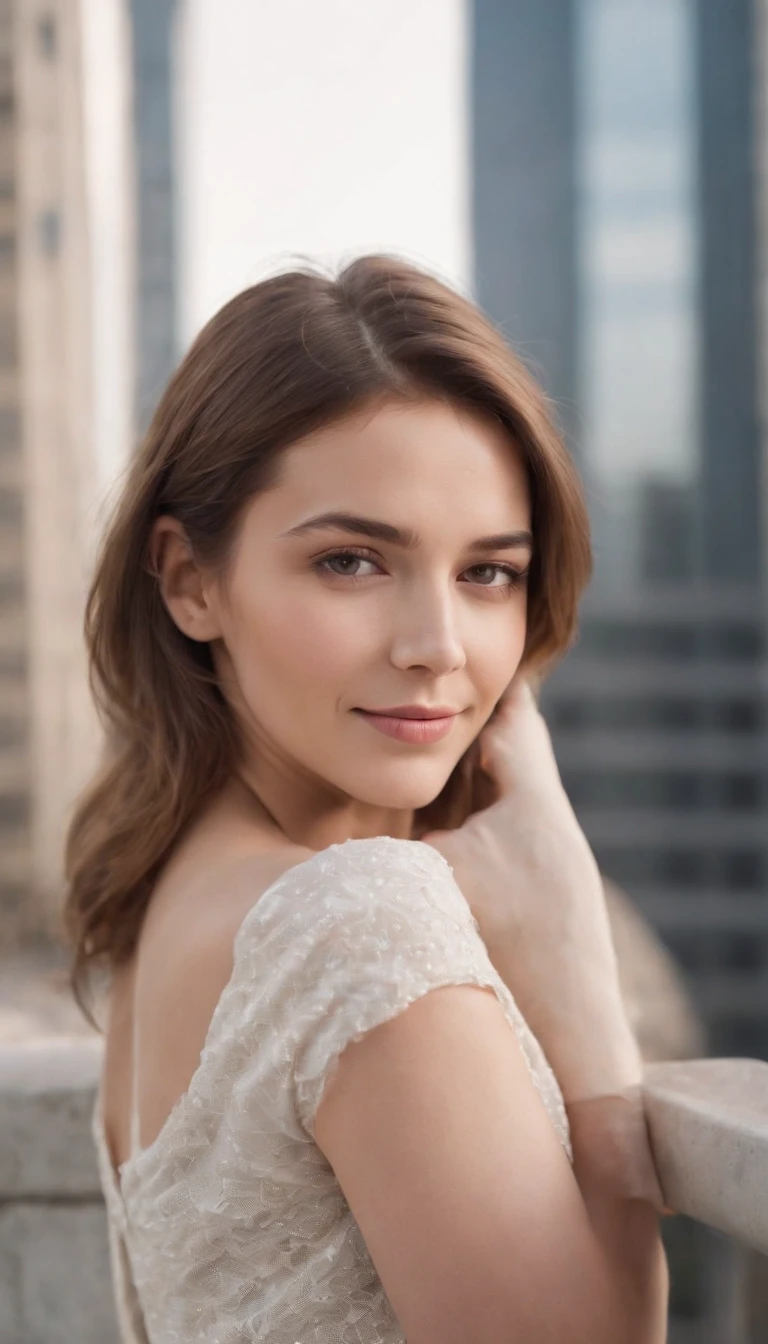 young woman relaxing on a bridge as she walks past the skyscrapers while having fun in the city, in the style of light white and light brown, julia pishtar, distinct facial features, lighthearted, hasselblad h6d-400c, close up, joyful and optimistic