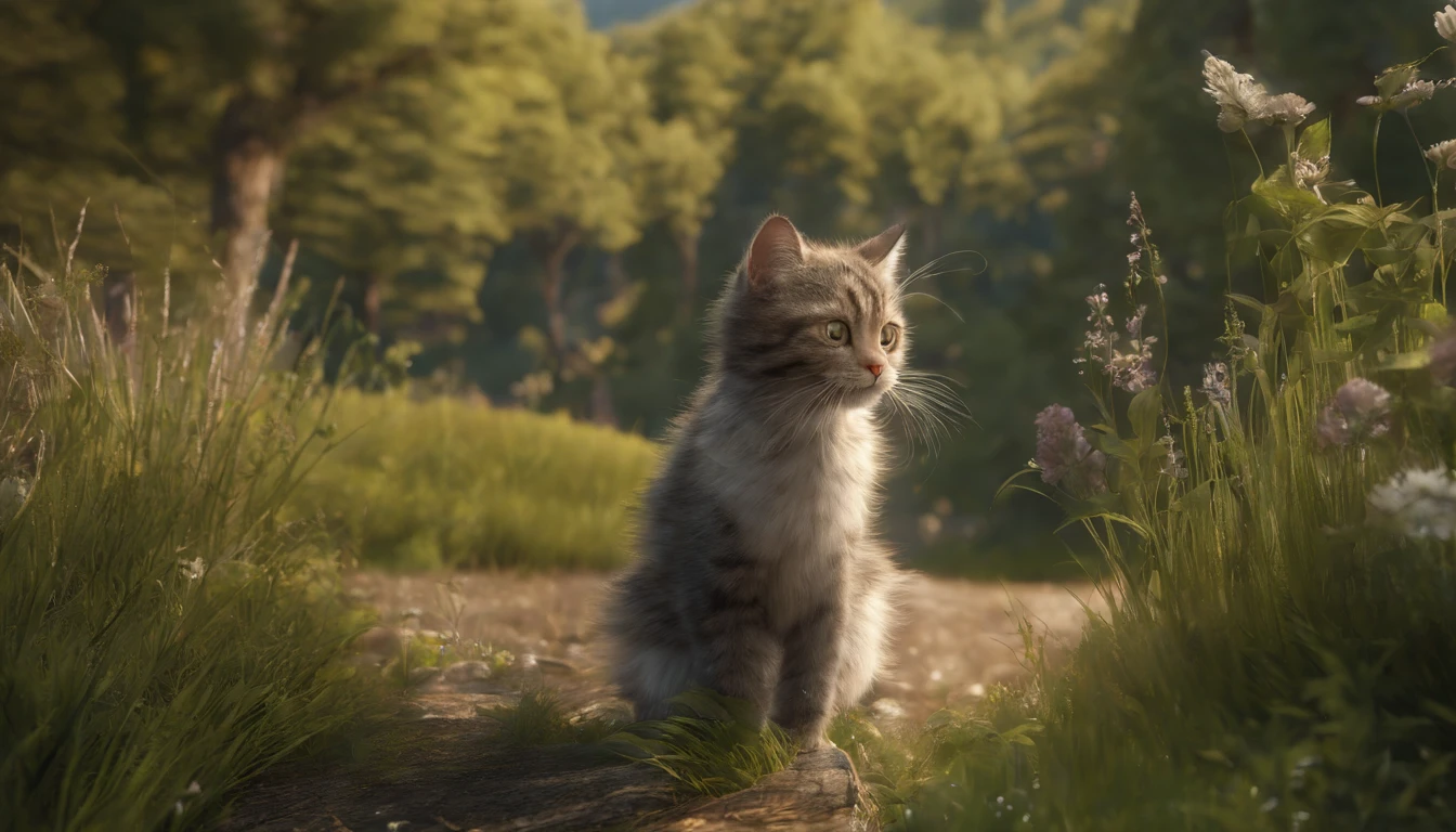 A cat stands on the grass in the mountains, High quality wallpaper, in a scenic background, wallpaper - 1 0 2 4, high-quality wallpaper, Beautiful wallpaper, Nature outside, Amazing wallpapers, wallpaper hd, Super high resolution, high quality desktop wallpaper, Beautiful environment, beautiful high resolution, Wallpaper phone, Sunny environment, cat in the forest