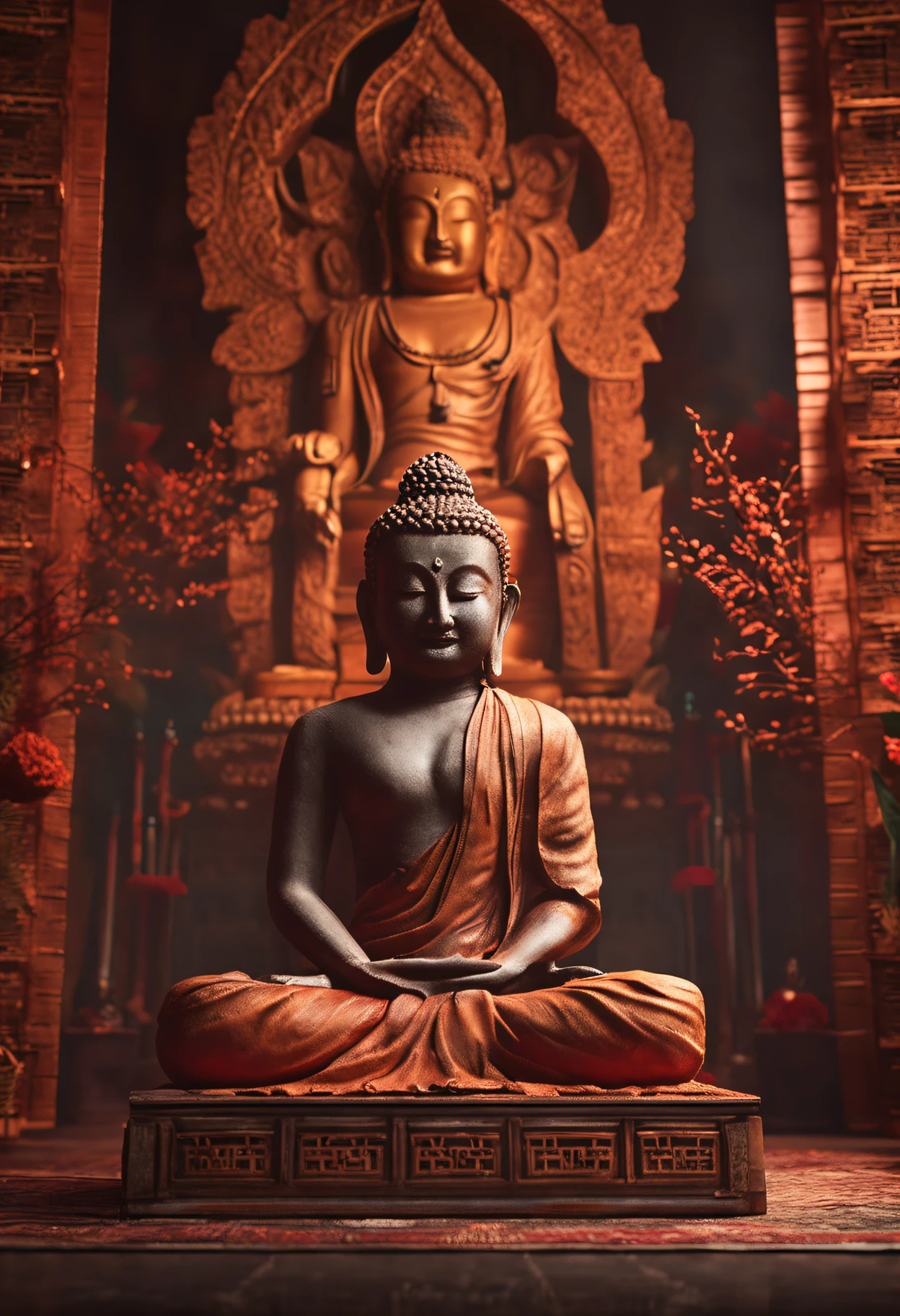 Images of an altar with a Buddha statue and a person sitting in meditation