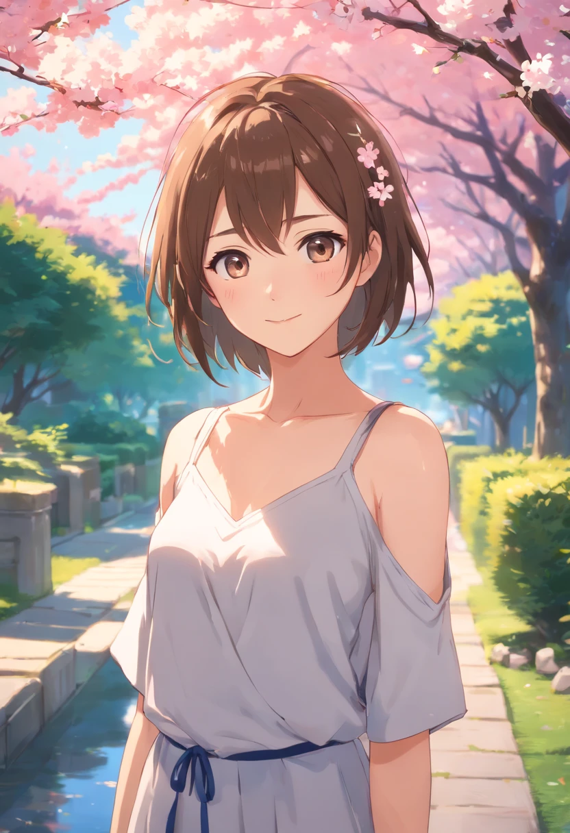 ((La mejor calidad)), ((Obra maestra)), ((realista)), Impeccable beauty girl standing in a serene Japanese garden with cherry blossoms at eye level, scenic, Obra maestra, (Altas Resoluciones), Texto original en, 8K extremadamente detallado , (fotorrealista:1.4),Cara impecable, ojos perfectos,symmetrical body shape,They are smiling,