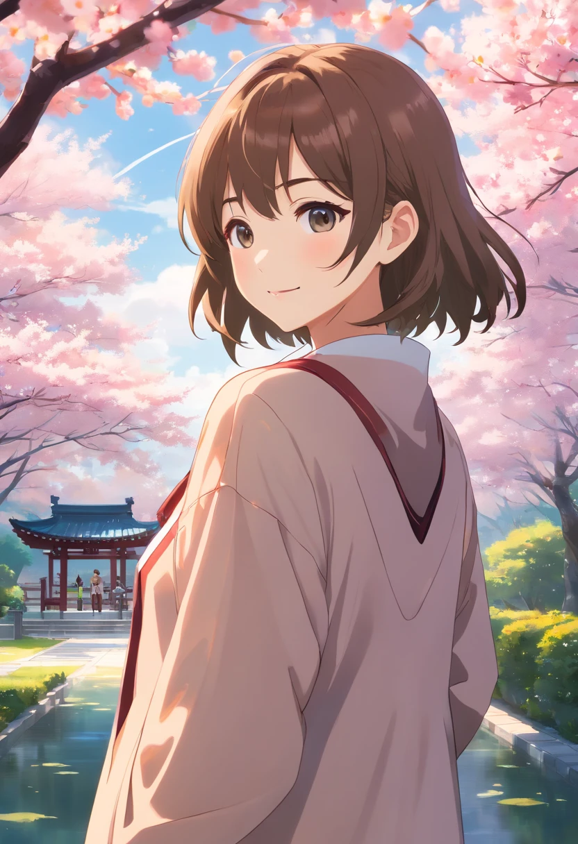 ((La mejor calidad)), ((Obra maestra)), ((realista)), Impeccable beauty girl standing in a serene Japanese garden with cherry blossoms at eye level, scenic, Obra maestra, (Altas Resoluciones), Texto original en, 8K extremadamente detallado , (fotorrealista:1.4),Cara impecable, ojos perfectos,symmetrical body shape,They are smiling,
