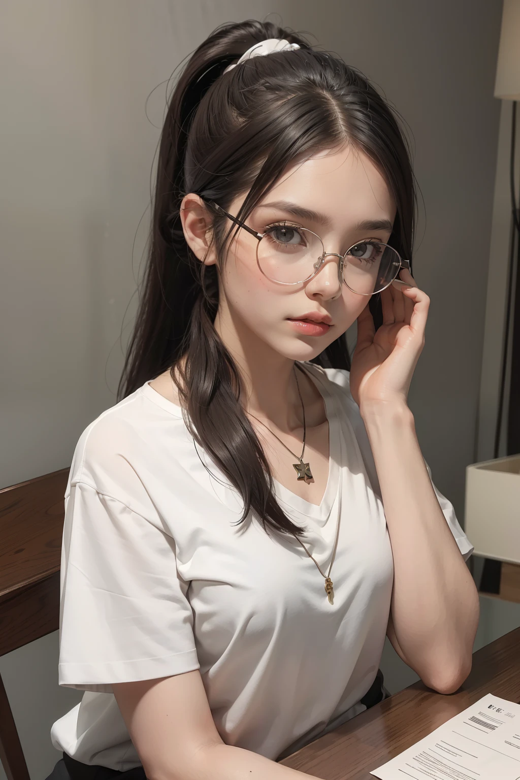 A young woman is sitting at a desk in an indoor setting. She has long, dark hair pulled back into a ponytail and wears glasses on her face. Her clothing consists of a white shirt with short sleeves and a necklace around her neck. The wall behind her is grey, and she appears to be looking off to the side as if posing for a picture. In front of her on the desk is a lamp with its shade slightly tilted towards the camera, casting light onto the scene. On top of the desk there are papers scattered about that appear to have been recently used or touched by someone's hand.