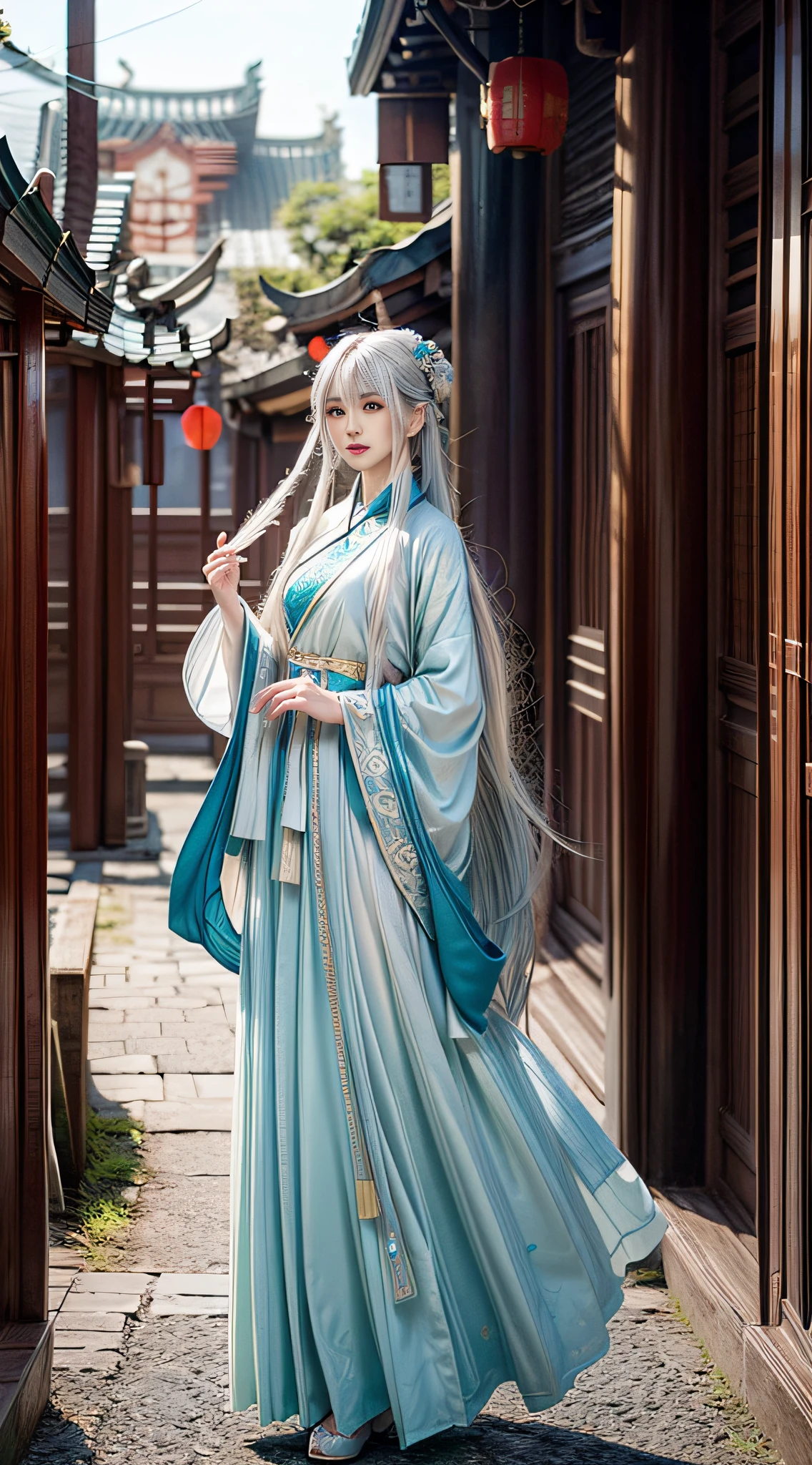 masterpiece, best quality, official art, 8k wallpaper, highly detailed, illustration, ((1 man)), detailed eyes, blue eyes, green gradient hanfu, intricate filigree, dynamic pose, (iridescent colored long hair:1.1), (white hair:1.2), floating hair, east asian architecture, chinese street, scenery, morning,