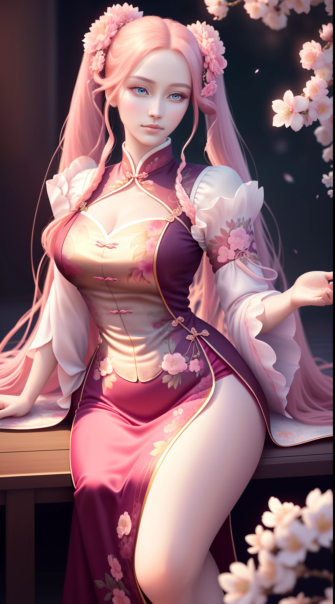 Anime girl with white hair and blue eyes holding a red umbrella, white-haired god, Kusat Krenz key art feminization, Onmyoji detailed art, Onmyoji portrait, Best anime 4K Konachan wallpaper, detailed digital anime art, anime goddess, high detail official artwork, detailed anime art, Onmyoji, portrait of female anime hero, chibi style, li face, high cold beautiful moving, ((((colorful hair))), (((half blue and half pink hair)), (perfect eye painting), bright eyes, Necklace, earrings, delicate mouth, delicate nose, delicate makeup, braid ponytail hair, red lips, (purple eyes). Perfect figure, (streamer girl), yellow t-shirt, delicate tassel, expression, ribbon, shyness, lighting effects, pastel, white background, super clear, hd picture, full body portrait, front, happy, (holding fan), cherry blossom tree,