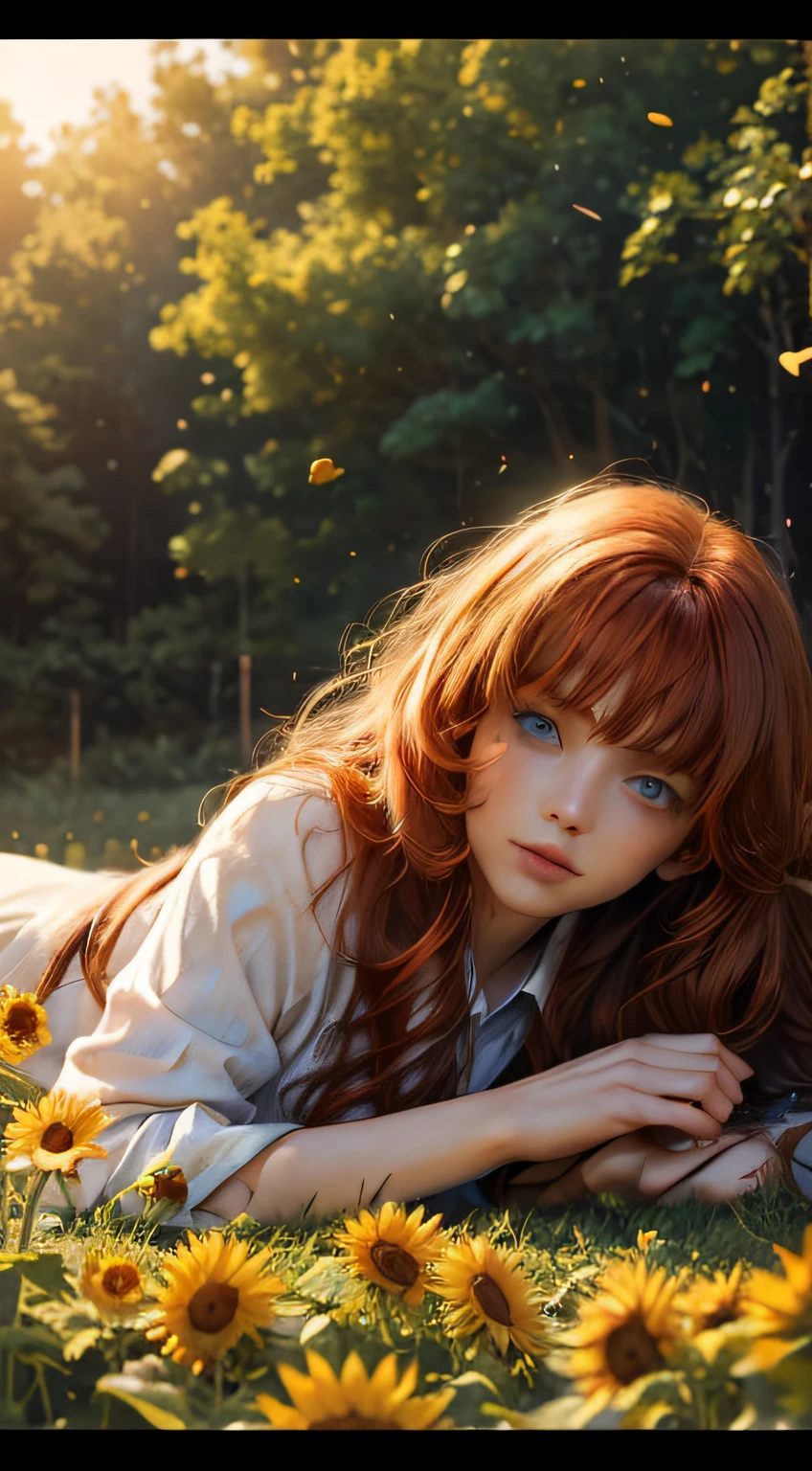 1 mature woman with redhead long wavy hair with bangs (wavy hair) (hair flying on the air) (blue eyes), red princess clothes (red color), (masterpiece), soft sun light, (incredibly colorful), lightning falling on the ground, soft light on her face, (ultra high quality), (8K quality), depth of field, ambient lighting, ((soft detail)), sunflower flower field background (sunflower petals flying on the air), she is laying in the middle of flower field ((laying down pose)) ((looking up while laying)), view from top down, white lighting effects, (realistic: 1.3), (max sharp) (detailed face) (detailed eyes), detailed lighting, perfect shadow, Masterpiece, best picture quality, nature landscape full of delicate leaves, petals of various colors slowly falling in the air, lighting excellent enough, overall picture quality very detailed and realistic, best illustration and best shadow effect.
