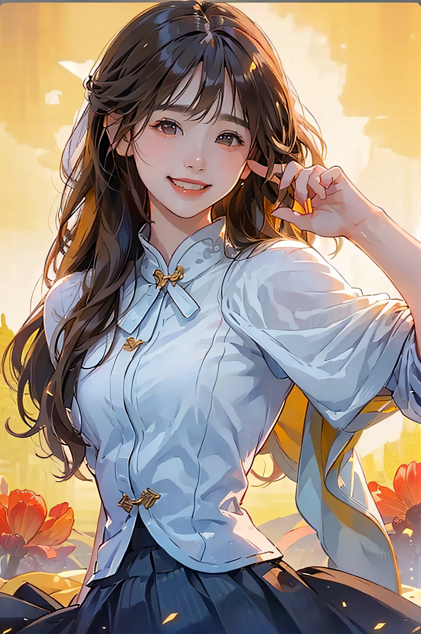 (in 8K、top-quality、​masterpiece:1.2)、1人の女性、(Smiling smile:1.1)、beautidful eyes、Valley、The upper part of the body、length hair、Like a boy、poneyTail、Yellow view、