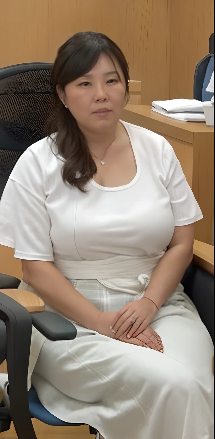 There is a woman sitting in a chair、 women's pictures, Sit with your wrists together, Take a seat in the courtroom, woman is sitting, Full-figured, wearing a white hospital gown, full subject shown in photo, Very macular woman in a lab coat, Arms crossed at the chest, photo from a spectator, sit a chair, Kiyoko Suzuki