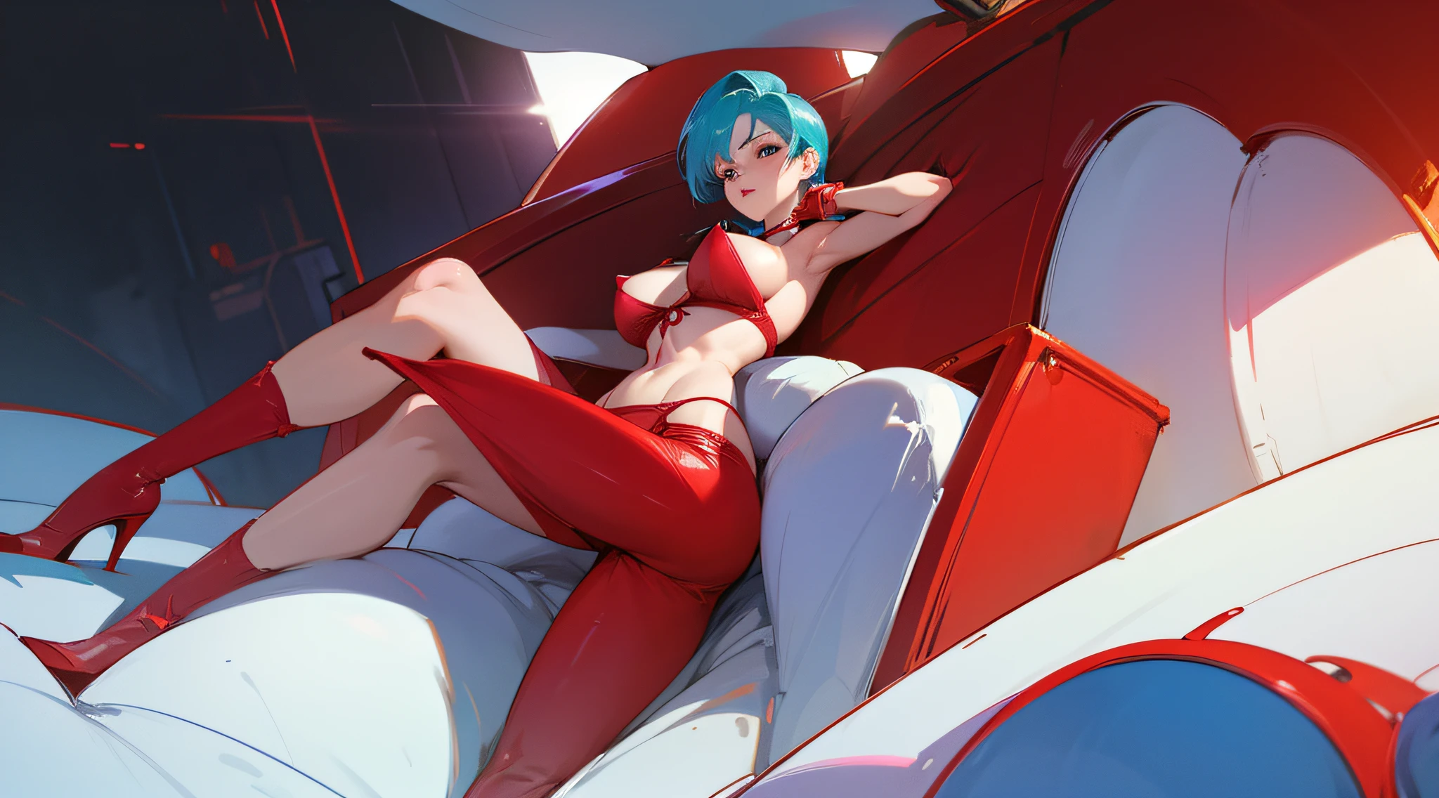 highest  quality, Anime, Bulma, Nipple behind red lingerie, Offener Mund, flush, Red lingerie, big boobs, Meer Hintergrund, Blaue Haare