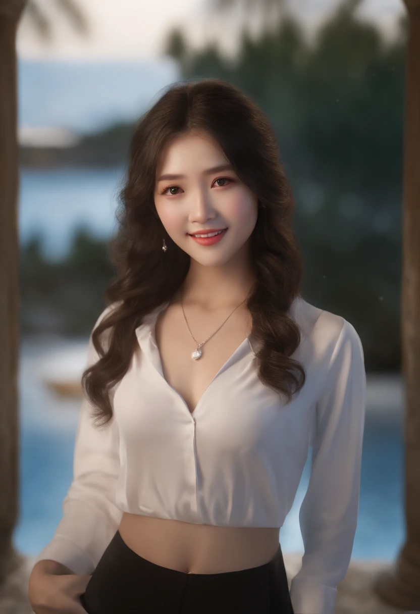 (8k, RAW photo, best quality, masterpiece:1.2), (realistic, photo-realistic:1.37), ultra-detailed, full body, beautiful detailed sky, beautiful detailed eyes, beautiful detailed lips, professional lighting, photon mapping, radiosity, physically-based rendering, extremely detailed eyes, beautiful detailed eyes, light on face, cinematic lighting, slender, , beach, Chinese, black hair, dark brown eye, thick eyelash, big smile, beautiful, small breasts, close up, small hip, fully , show