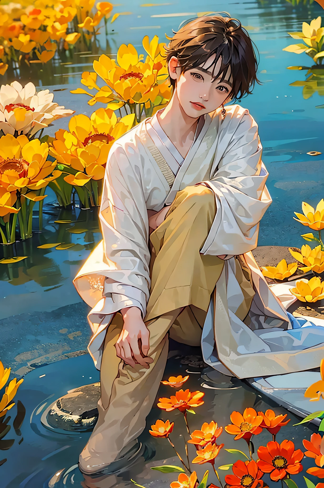 (in 8K、top-quality、masterpiece:1.2)、1 boy、short-haired、Hair short、Brown-skinned、Yellow view、
