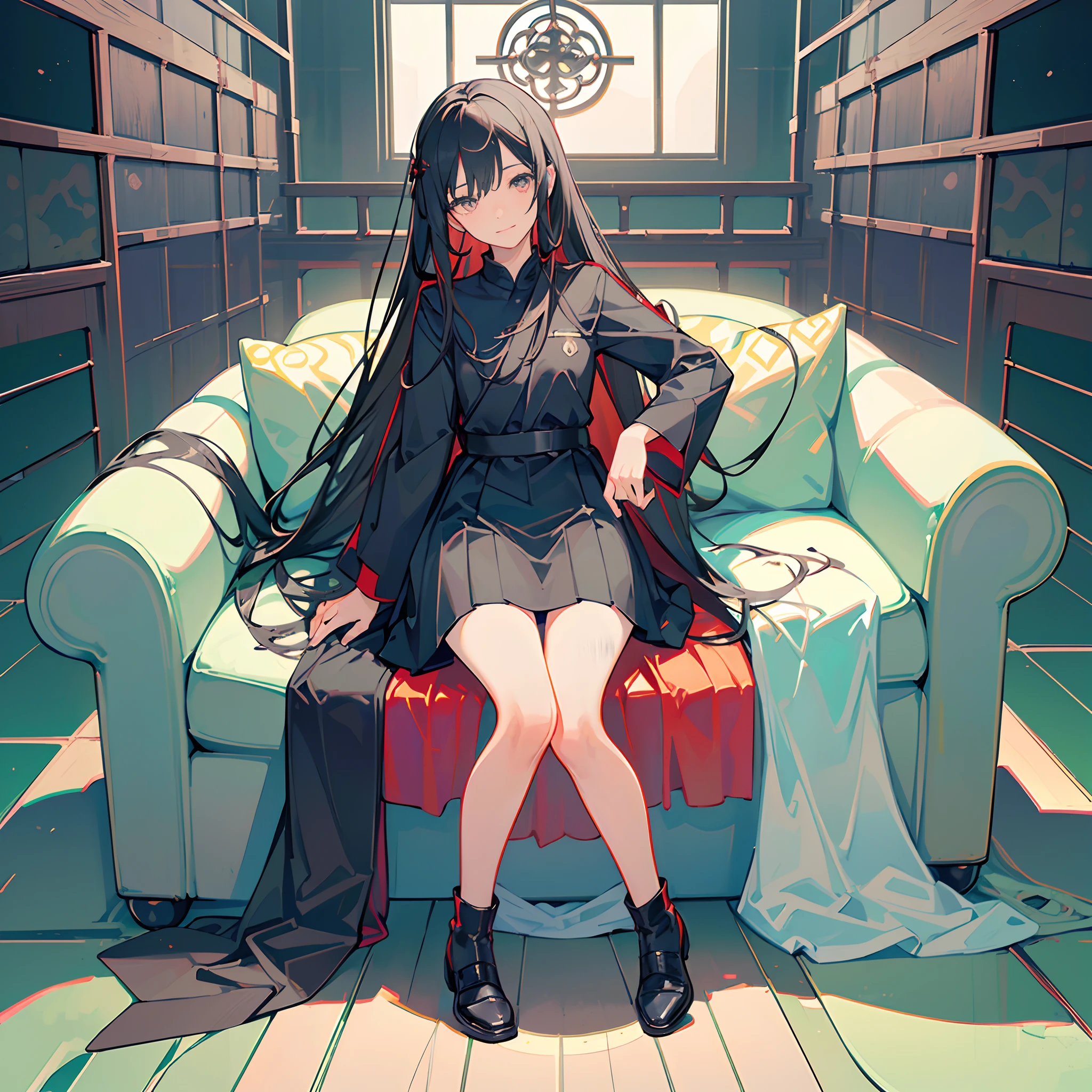 (((full body))),((solo)),(black kimoto),JK,Girls' high school students，Long black hair，Very long hair，Black colored eyes，Sit in a VIP chair，Banquet，ssmile，Gloomy eyes