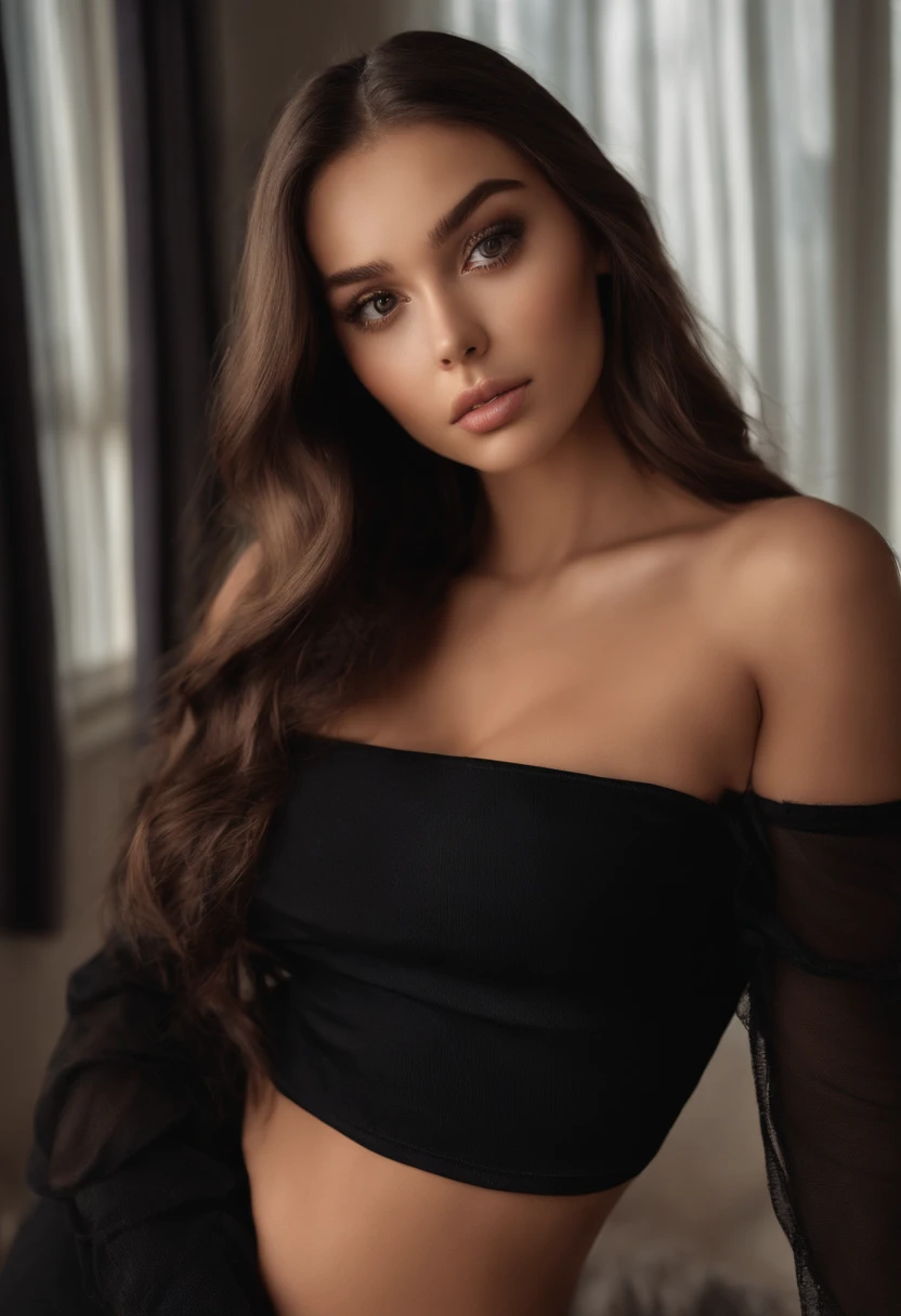 puffy woman wearing black outfit, sexy girl with brown eyes, portrait Sophie Mudd, brown hair and big eyes, selfie of a young woman, bedroom eyes, violet myers, no makeup, natural makeup, looking directly at the viewer, body straight forward , face with artgram, subtle makeup, stunning full body photo, in the bedroom, cleavage