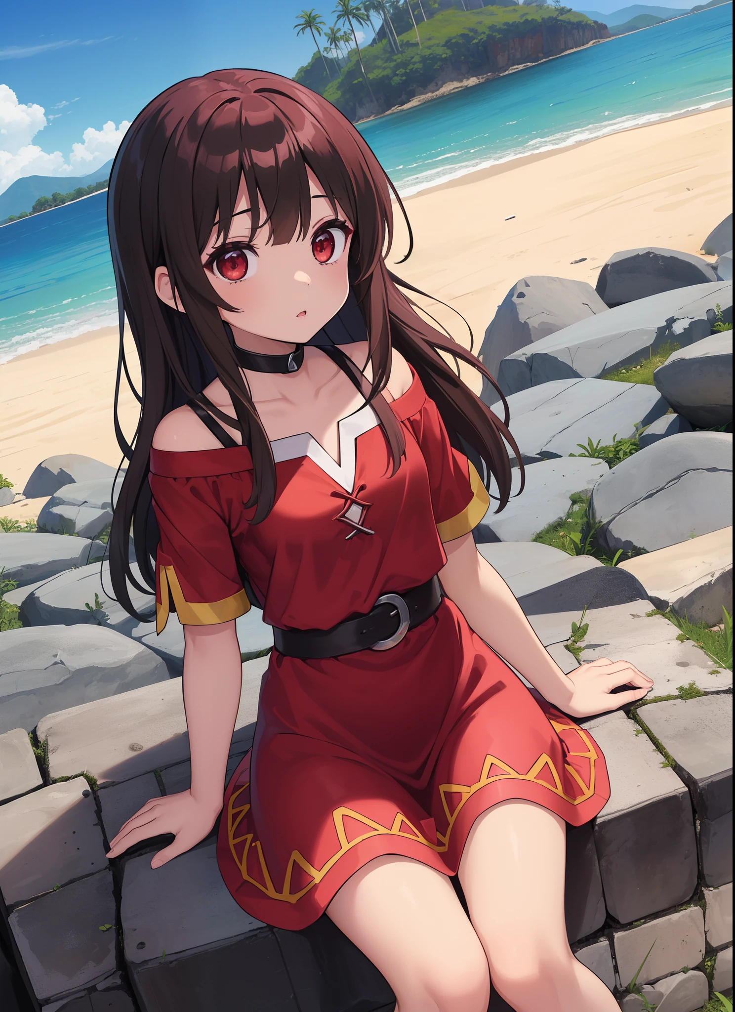 (Megumin, Contornos detalhados e bonitos,Luz branca,luz suave,luz natural,Pele branca:1.3),(olhos virados para cima,:o, cabelo curto,cabelos castanhos,olhos vermelhos,sobre as coxas dos joelhos, Hands hidden behind the back,sentado,Olhando para cima,dia,blue skies,pale red eyes:1.1),rosas vermelhas,Olhando para o Viewer, vestido vermelho