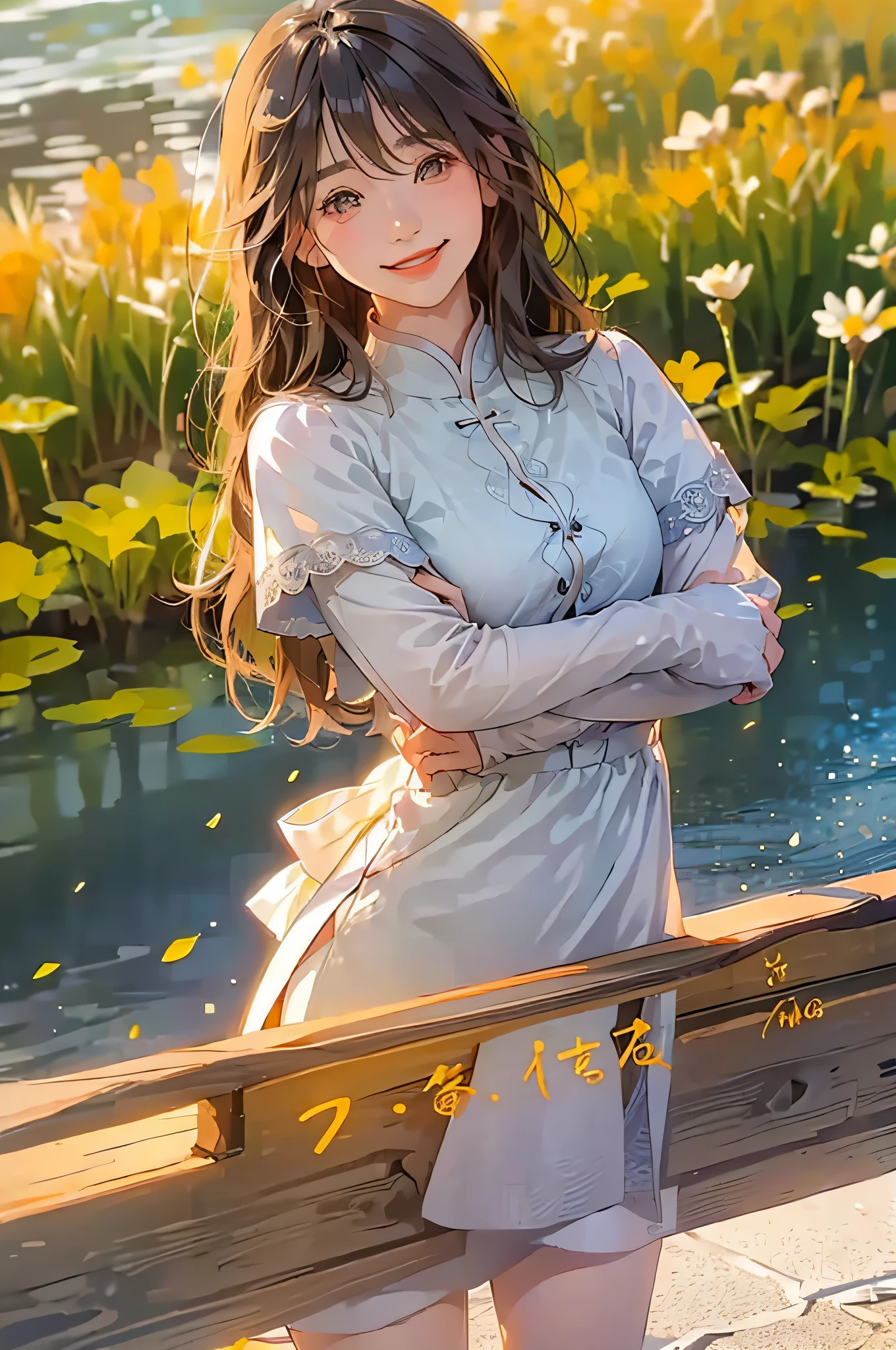 (in 8K、top-quality、masterpiece:1.2)、1人の女性、(Smiling smile:1.1)、beautidful eyes、Valley、The upper part of the body、length hair、Like a boy、poneyTail、Yellow view、