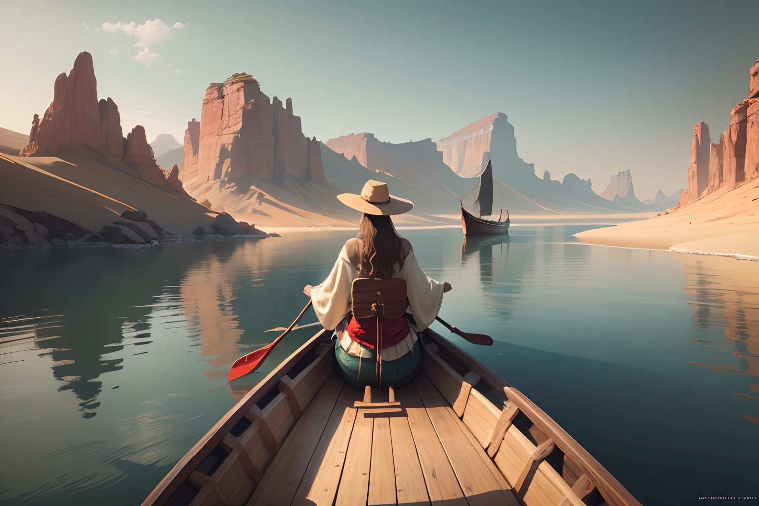 POV from a canoe, best quality female riding a canoe on sea, wearing a robe, environment design illustration, Desert island on the background 4k digital painting, stunning, concept art, intricate details, horizontal photography,