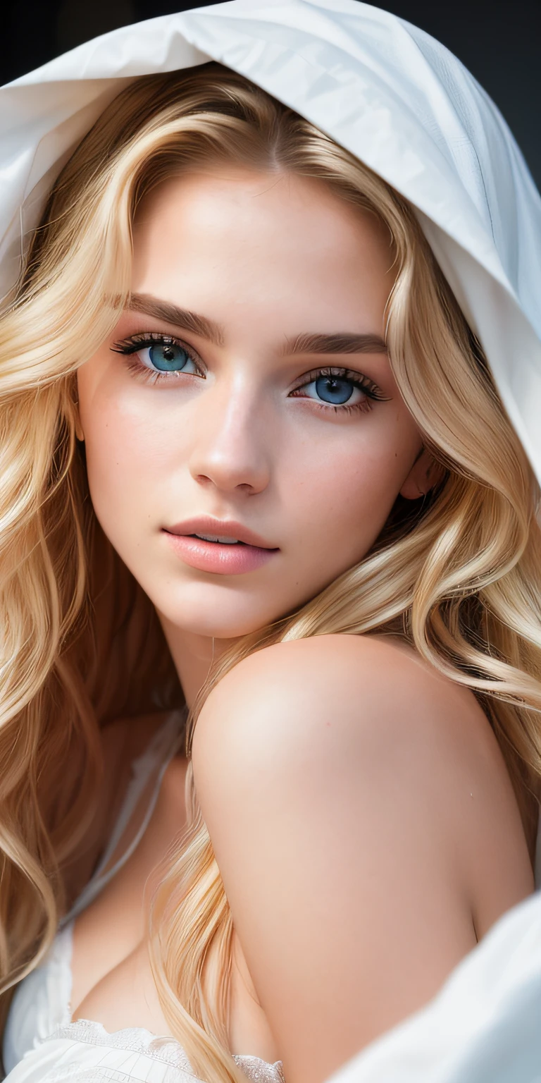 Photo of a 20-year-old European girl, raw, Beautiful woman, (Extra long wavy blonde hair), ((Portrait)), ((Detailed face:1.2)), ((detailed facial features)), (finely detailed skin), pale skin, , wrapped in a sheet, Bedroom environment, Lying on the bed, (cold color), moist, moist, Reflectors, (masutepiece) (perfectly proportions)(photos realistic)(Best Quality) (Detailed) photographed in a Canon EOS R5, 50mm Lens, F/2.8, nffsw, (8K) (Wallpaper) (Cinematic lighting) (Dramatic Lighting) (foco nítido) (Convoluted) Fashion, From above