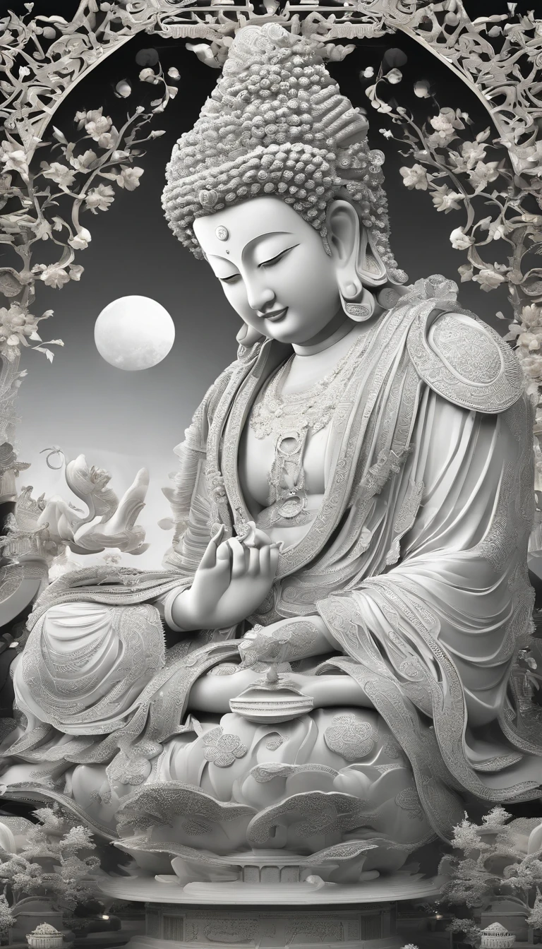 ((Masterpiece)),(Best quality)),China-style,In the universe, A huge jade statue of Maitreya Buddha stands in space,jade sculpture,Light,Transparent,Gaze at the earth,Standing Buddha statue,with light glowing,Glow effects,Pilgrims on the road,Hyper-realistic,Ultra photo realsisim,Real Photographics,8K,High definition,high qulity,Works of masters,super-fine,Chinese black and white ink style,(((white colors))),Decolorization,Smudge,ink,8K,super-fine,high qulity,(((OC renderer)))