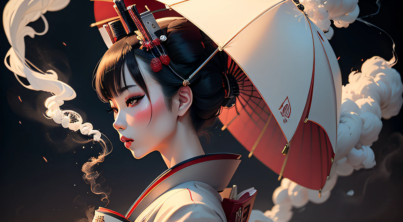 geisha robot with smoke emanating from it, white backgound with space to text. Captivating Beauty, tradition, elegance and mystique