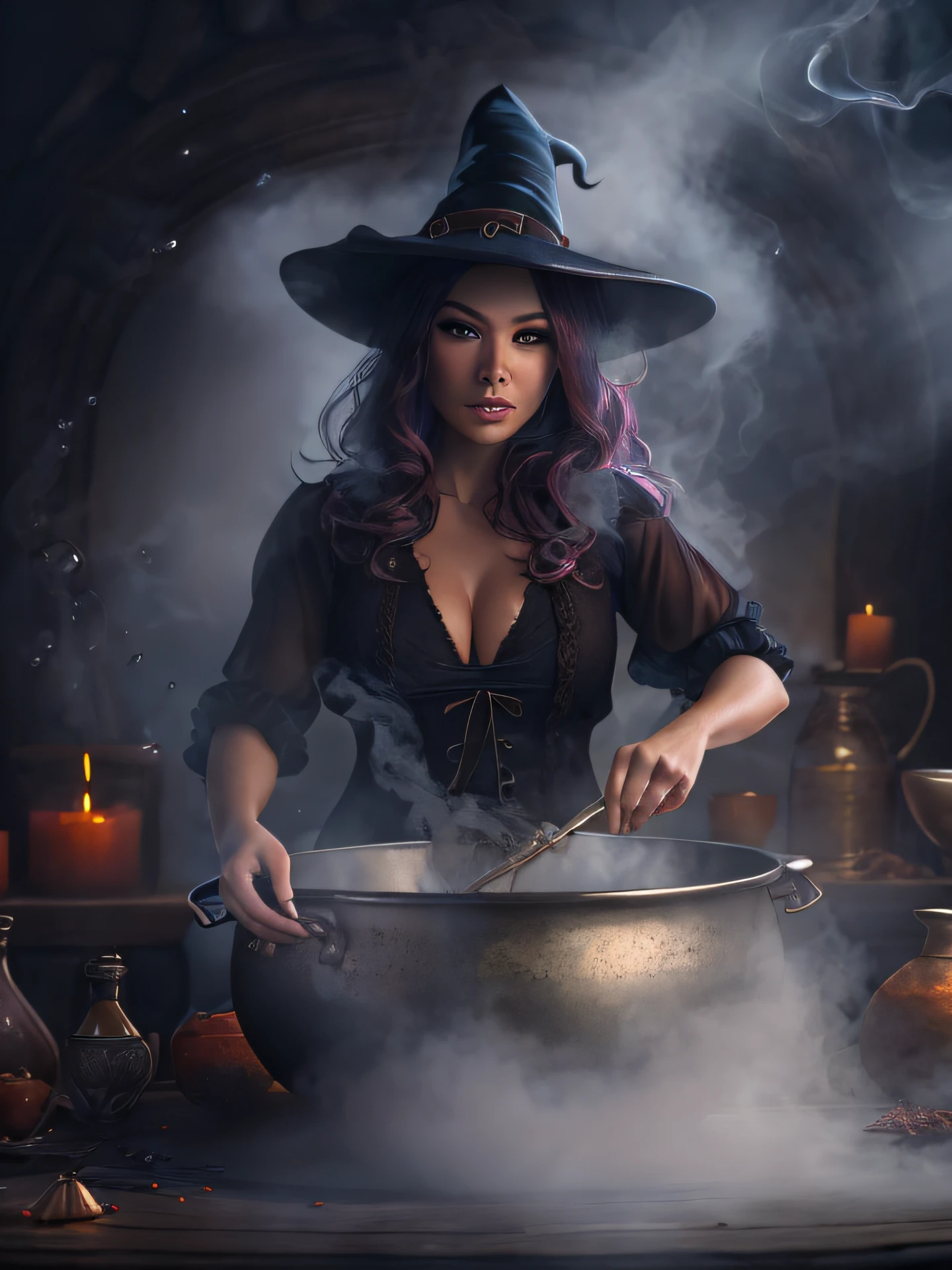 Photorealistic portrait, sexy witch stirring a bubbling cauldron of mysterious ingredients, surrounded by a swirling fog.highly detailed, 4k, dynamic pose, RAW photo