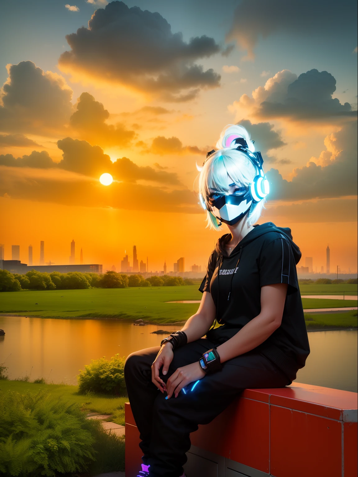 (frontal view, facing viewer:1.2), centered, 3d, 3d model, unreal engine, | digital face portrait, | 1girl, solo, aqua hair color, short hairstyle, light blue eyes, | (neon wireless headphones headset:1.2), (black neon futuristic mouth mask:1.2), dark blue hoodie, | futuristic city lights, sunset, buildings, urban scenery, neon lights | bokeh, depth of field,4kno change face